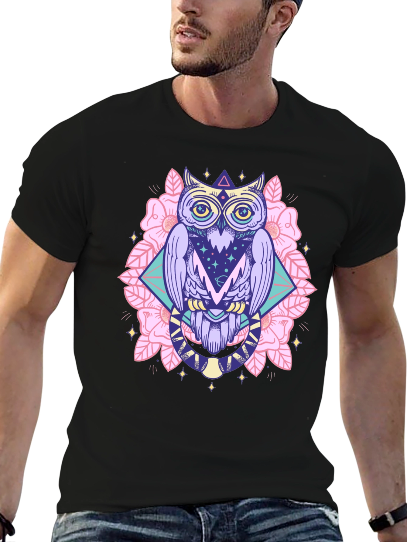 Mystical Owl Graphic Tee - Black Cotton Shirt