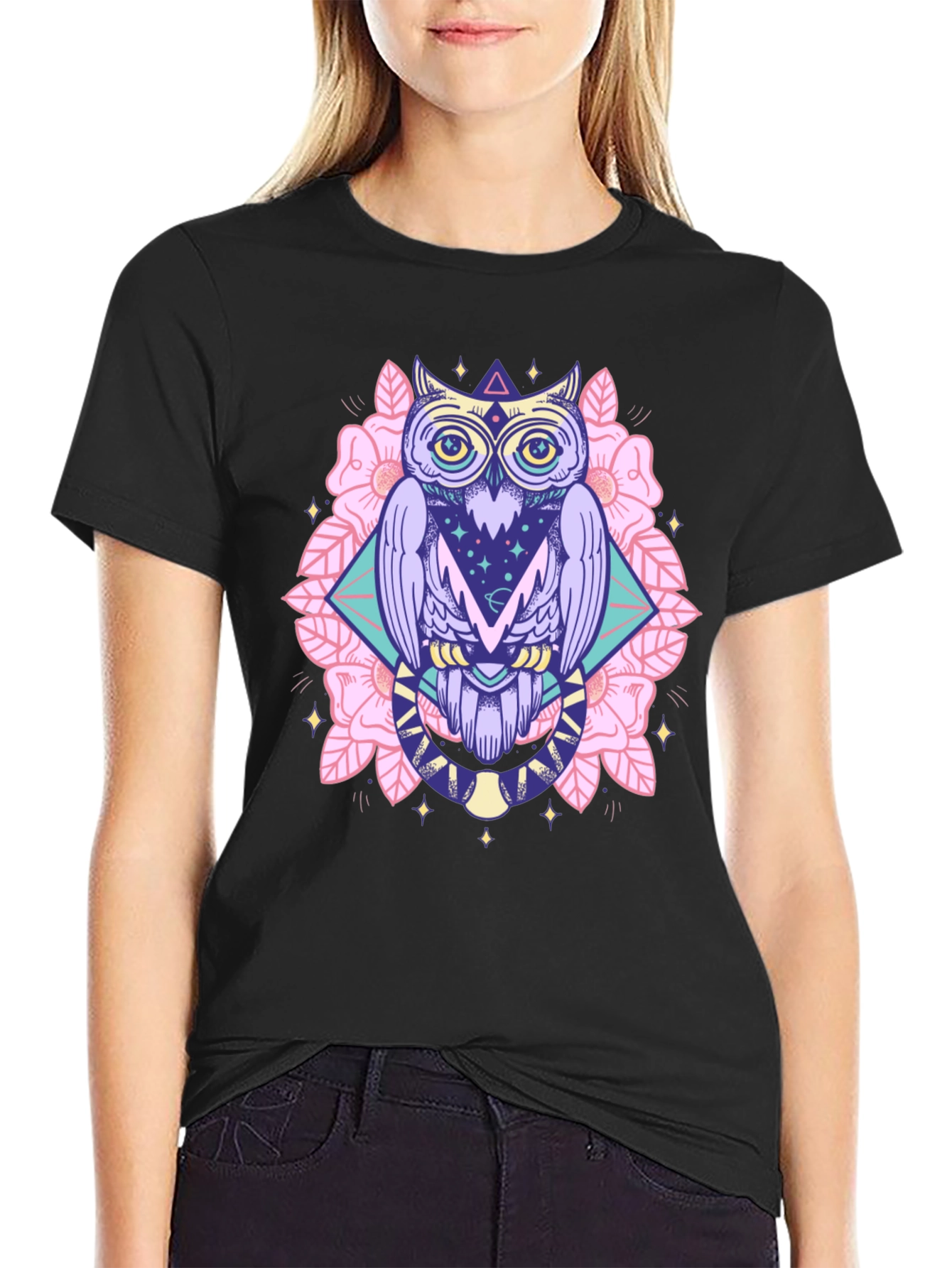 Mystical Owl Graphic Tee - Black Cotton Shirt