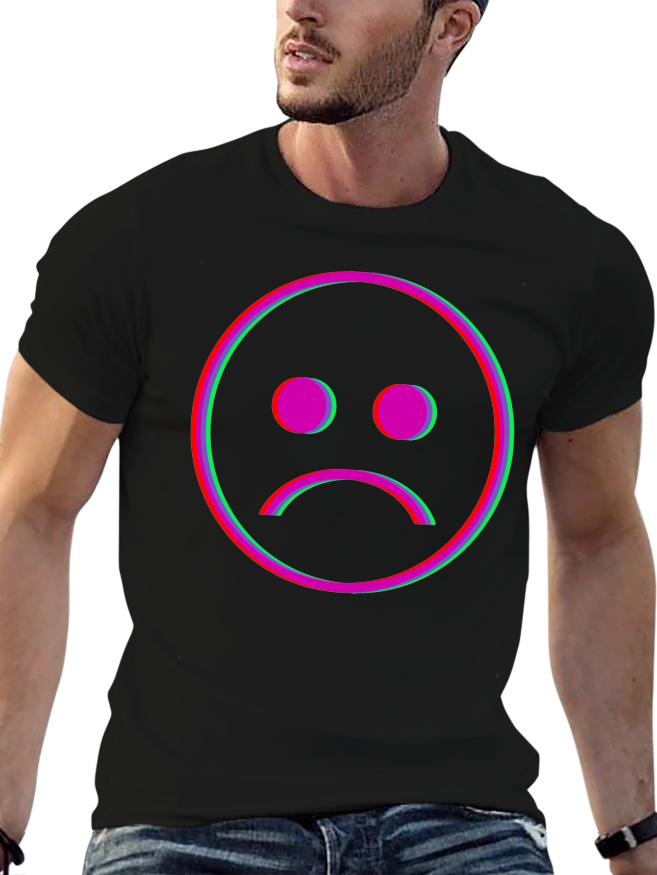 Sad Face Glitch Graphic Black T-Shirt
