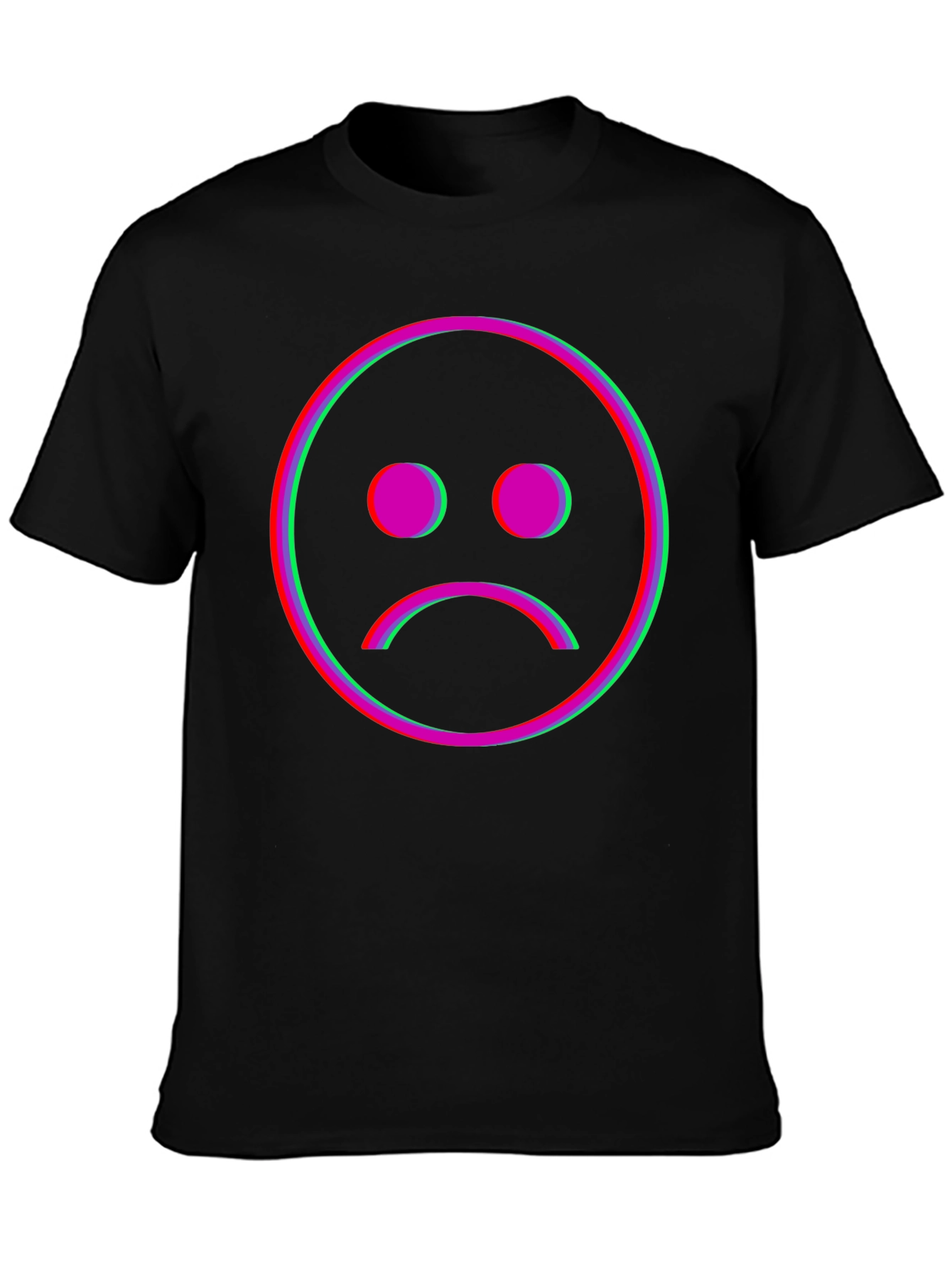 Sad Face Glitch Graphic Black T-Shirt