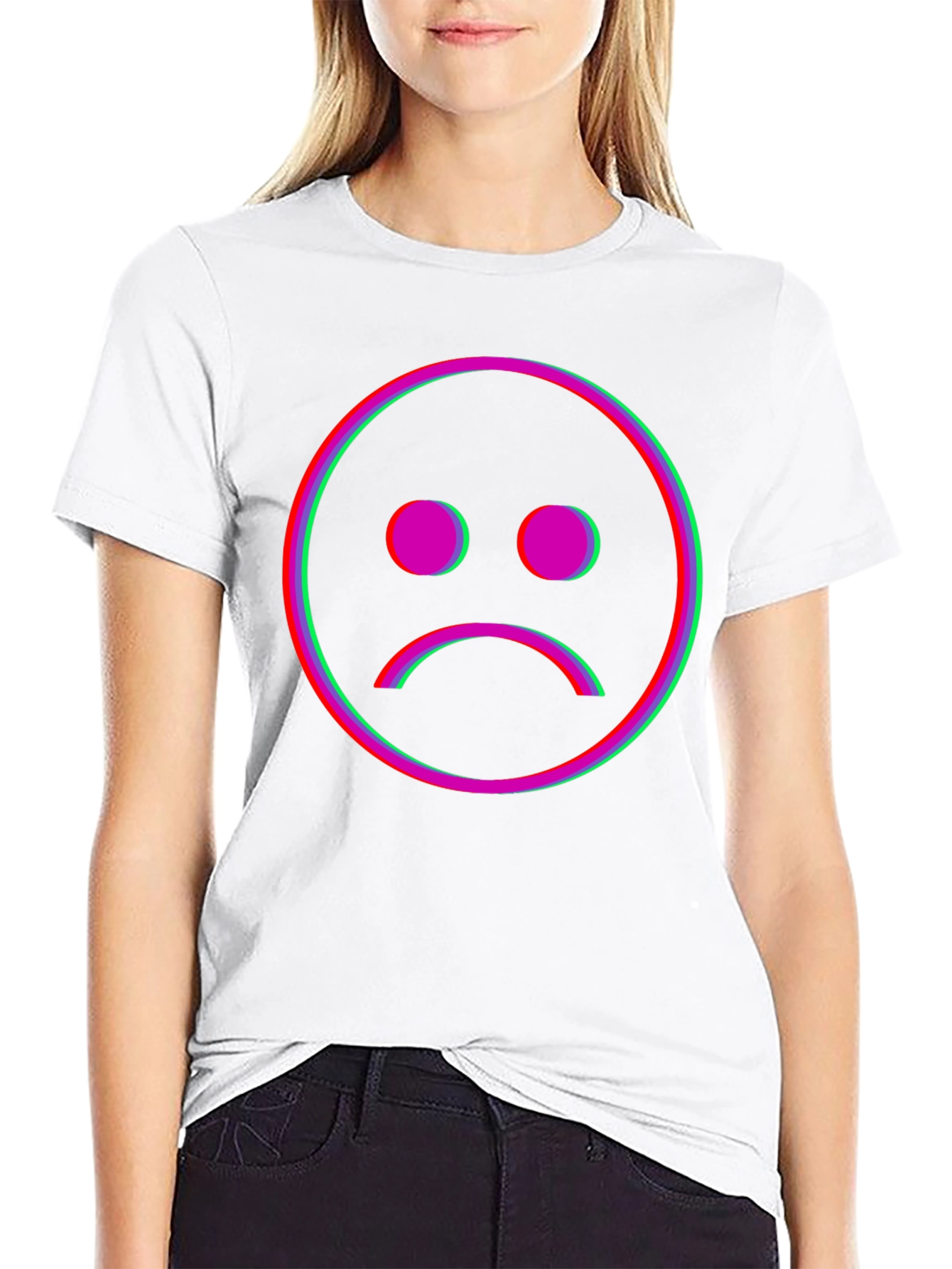Sad Face Glitch Graphic Black T-Shirt