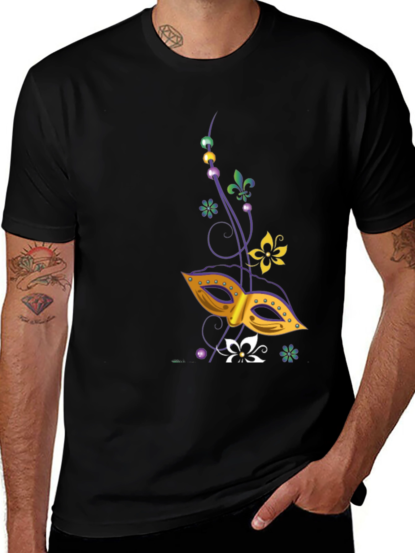Mardi Gras Mask Graphic Tee - Mens Black T-Shirt