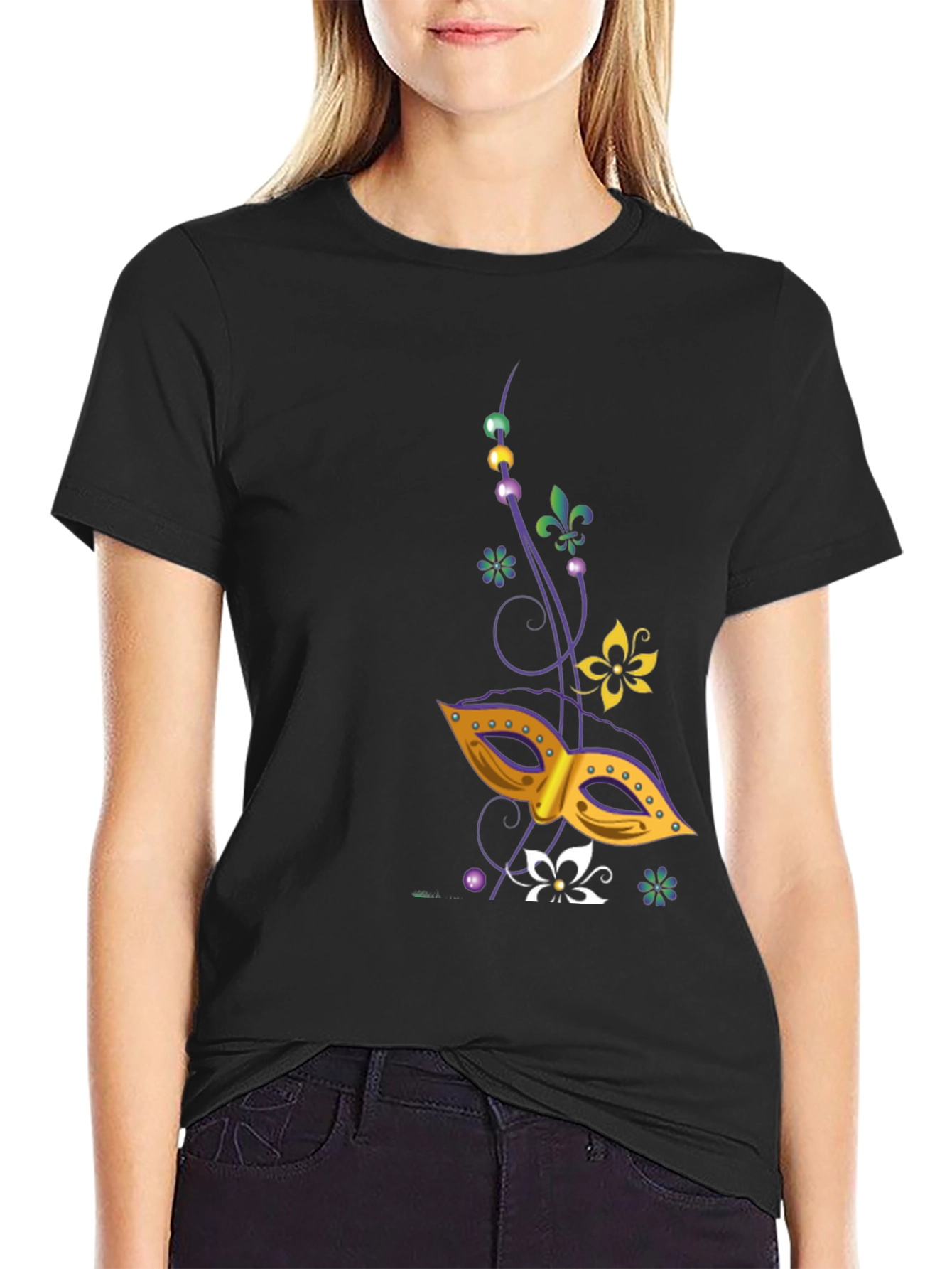 Mardi Gras Mask Graphic Tee - Mens Black T-Shirt