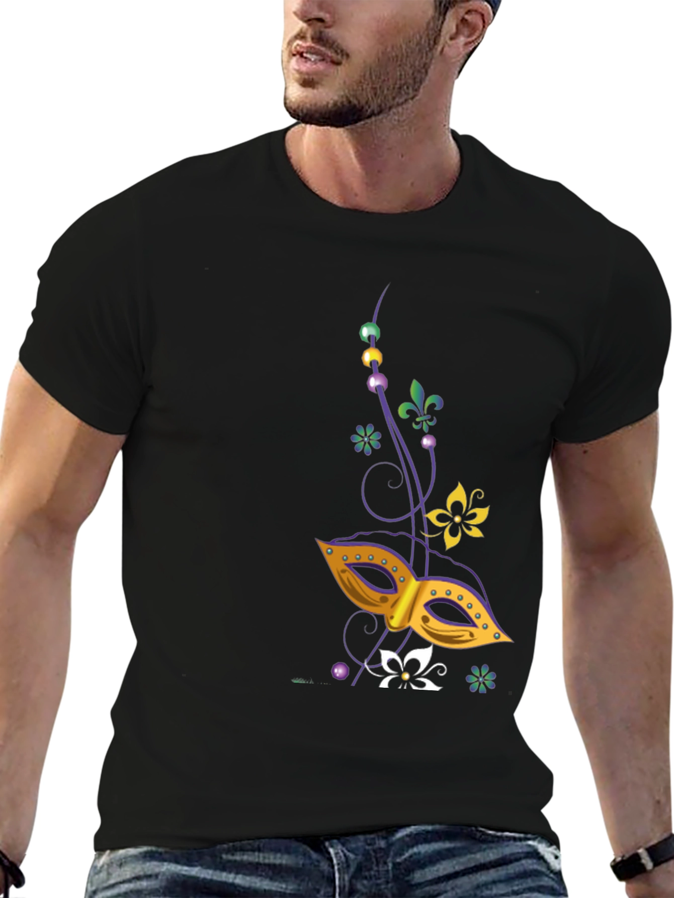 Mardi Gras Mask Graphic Tee - Mens Black T-Shirt