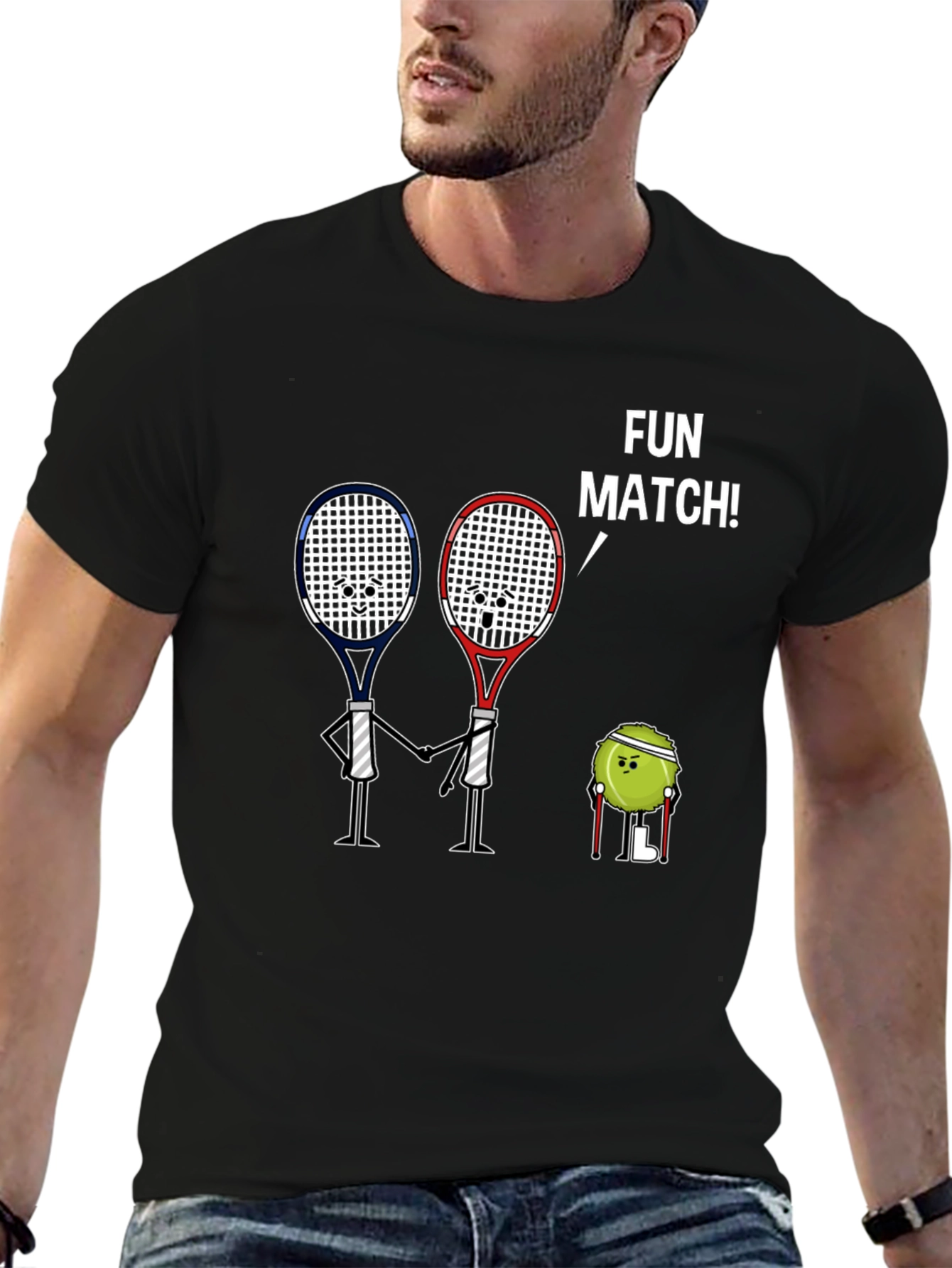 Fun Match Tennis Graphic Tee -  Black Cotton Shirt