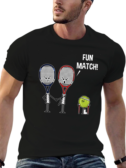 Fun Match Tennis Graphic Tee -  Black Cotton Shirt