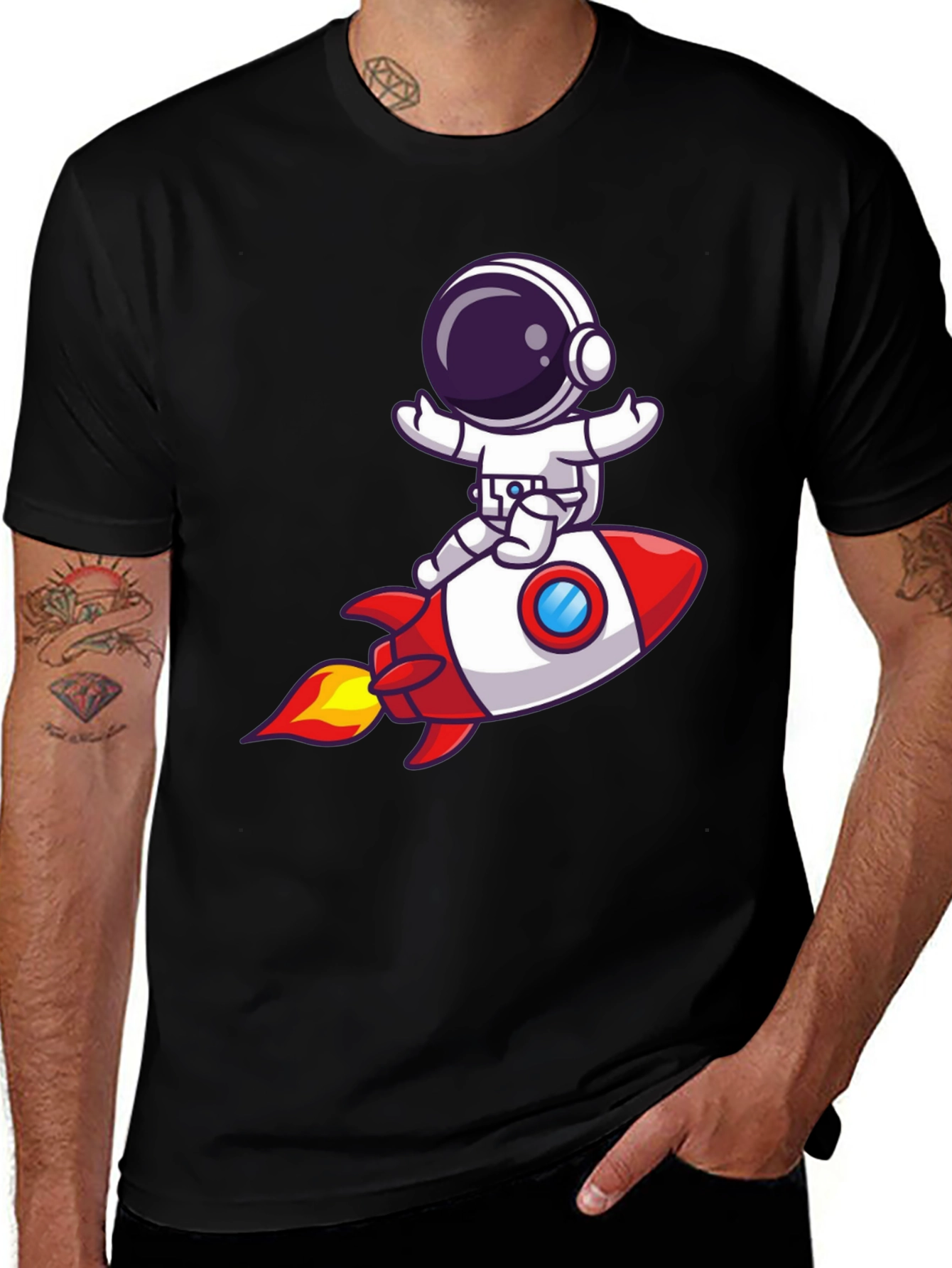 Astronaut Rocket Ride Graphic Tee - Black Cotton T-Shirt