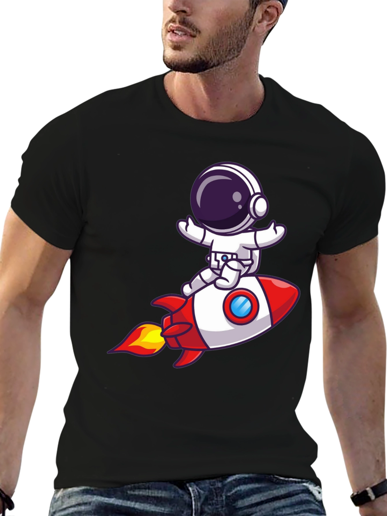 Astronaut Rocket Ride Graphic Tee - Black Cotton T-Shirt