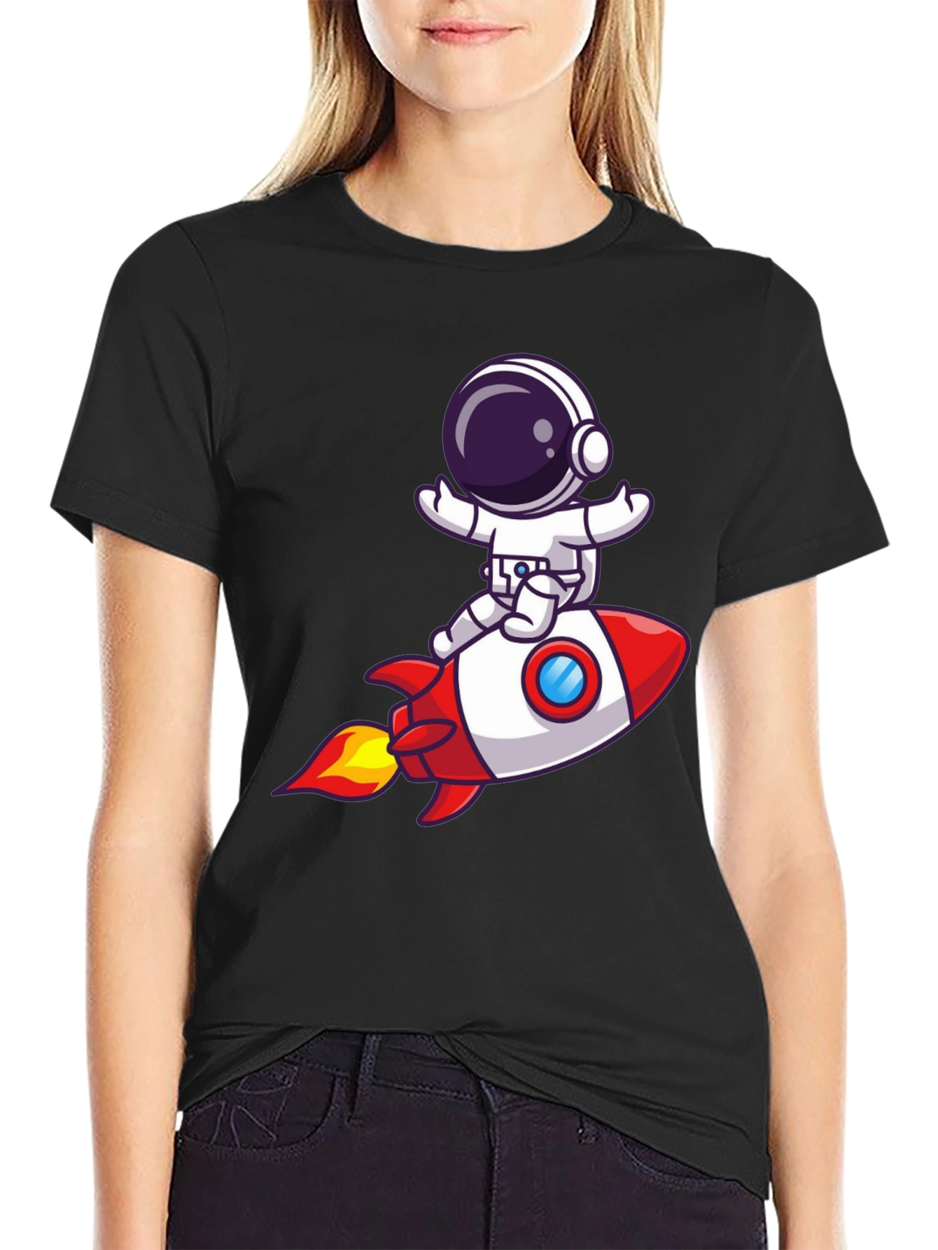 Astronaut Rocket Ride Graphic Tee - Black Cotton T-Shirt