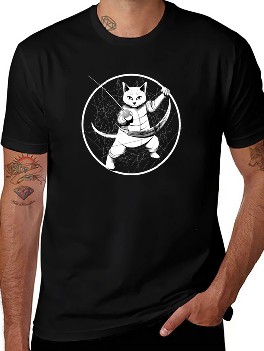 Fencing Cat T-Shirt - Black Cotton Tee
