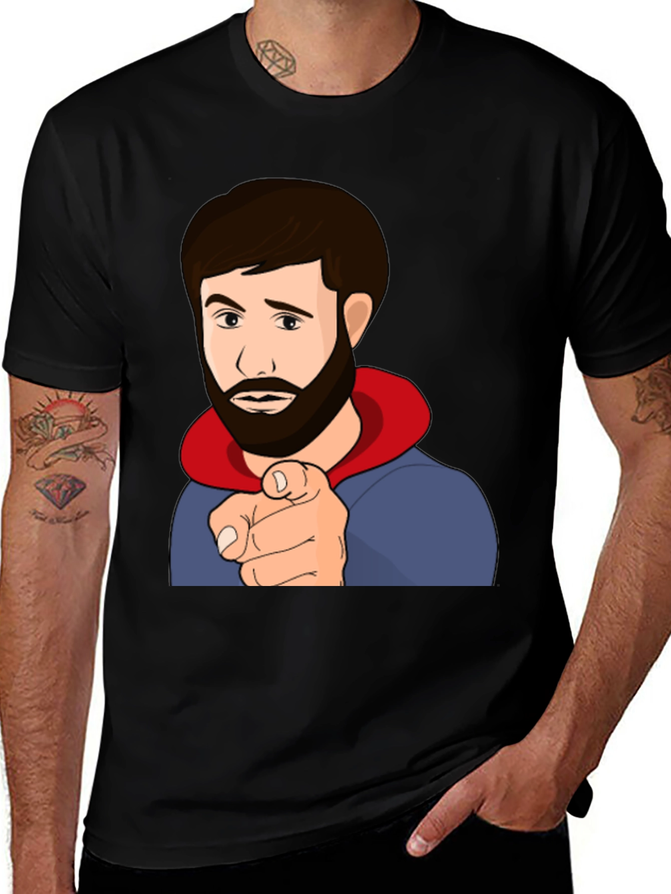 Cartoon Pointing Man Black T-Shirt