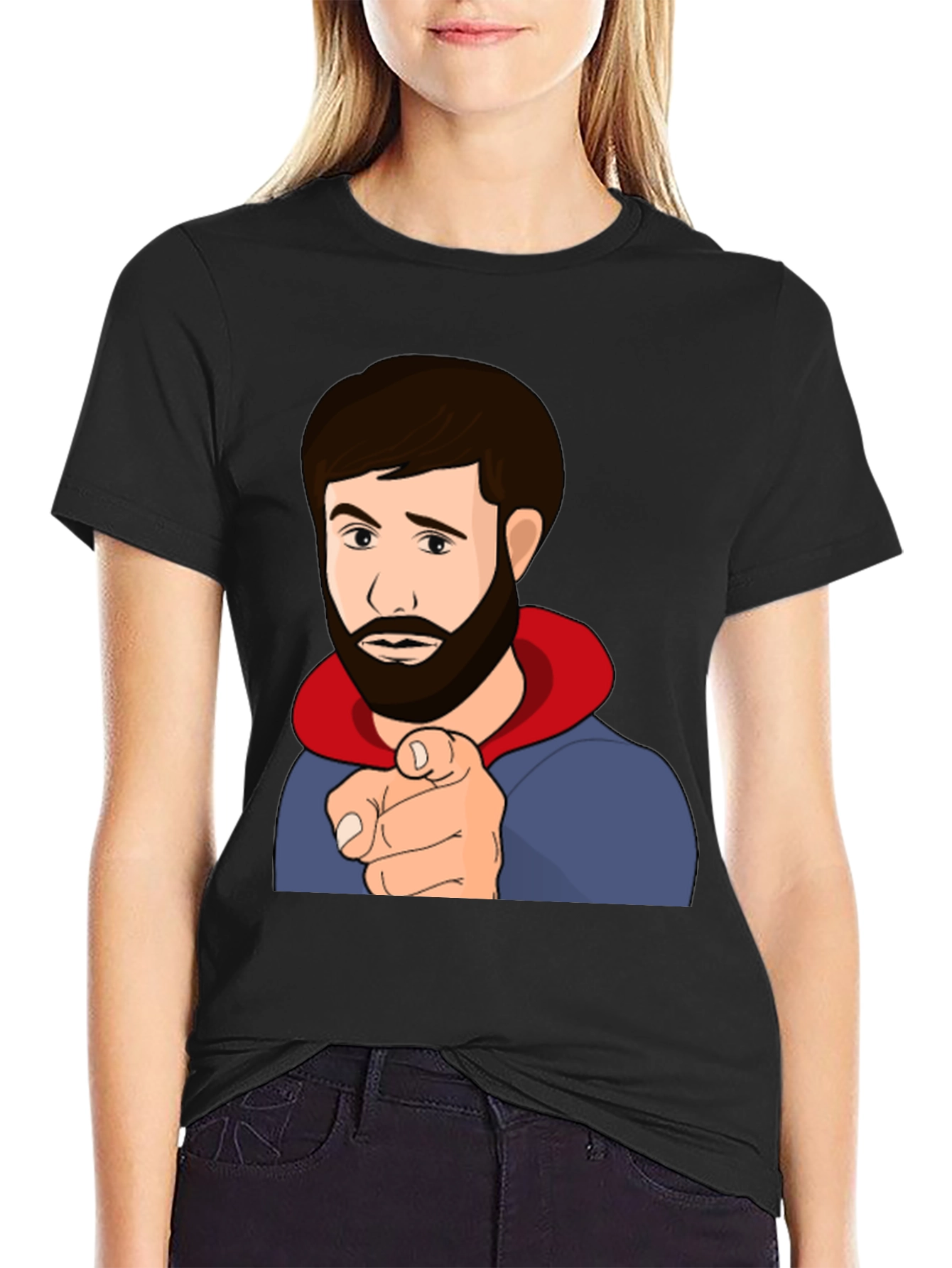 Cartoon Pointing Man Black T-Shirt