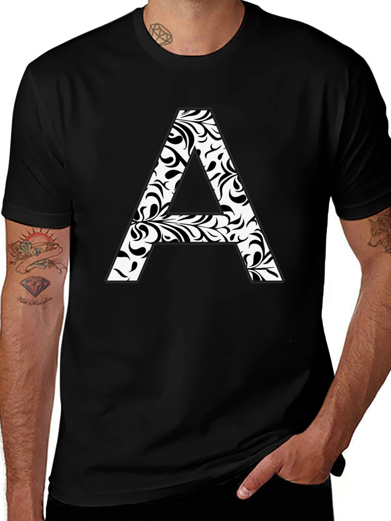 Stylish Black T-Shirt with Floral Letter A Design