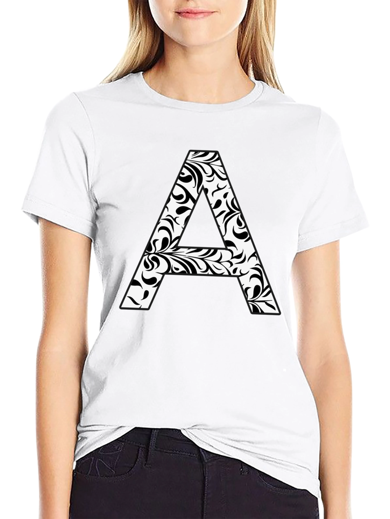 Stylish Black T-Shirt with Floral Letter A Design
