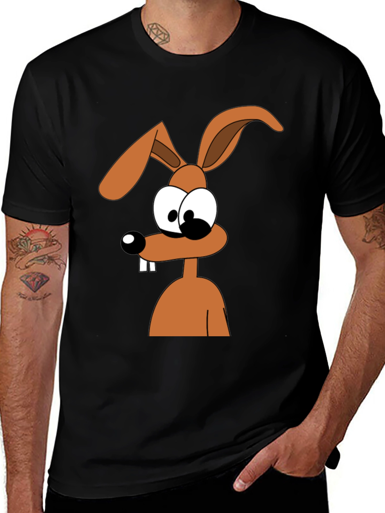 Cartoon Rabbit Graphic Tee - Black