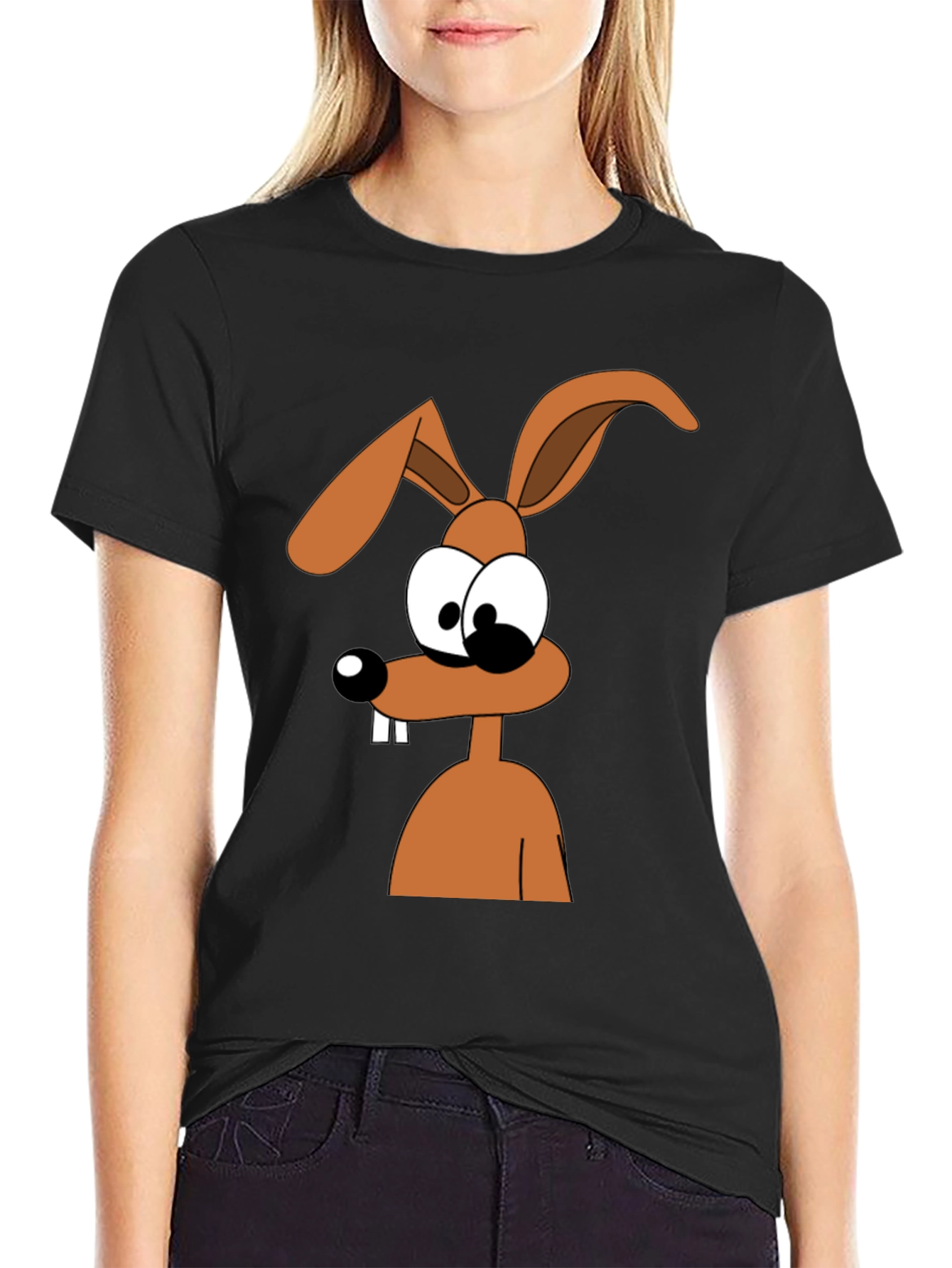 Cartoon Rabbit Graphic Tee - Black
