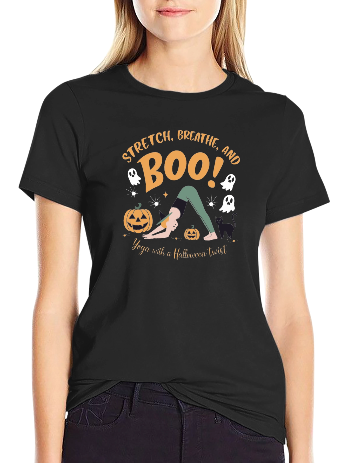 Halloween Yoga T-Shirt - Stretch Breathe and Boo!