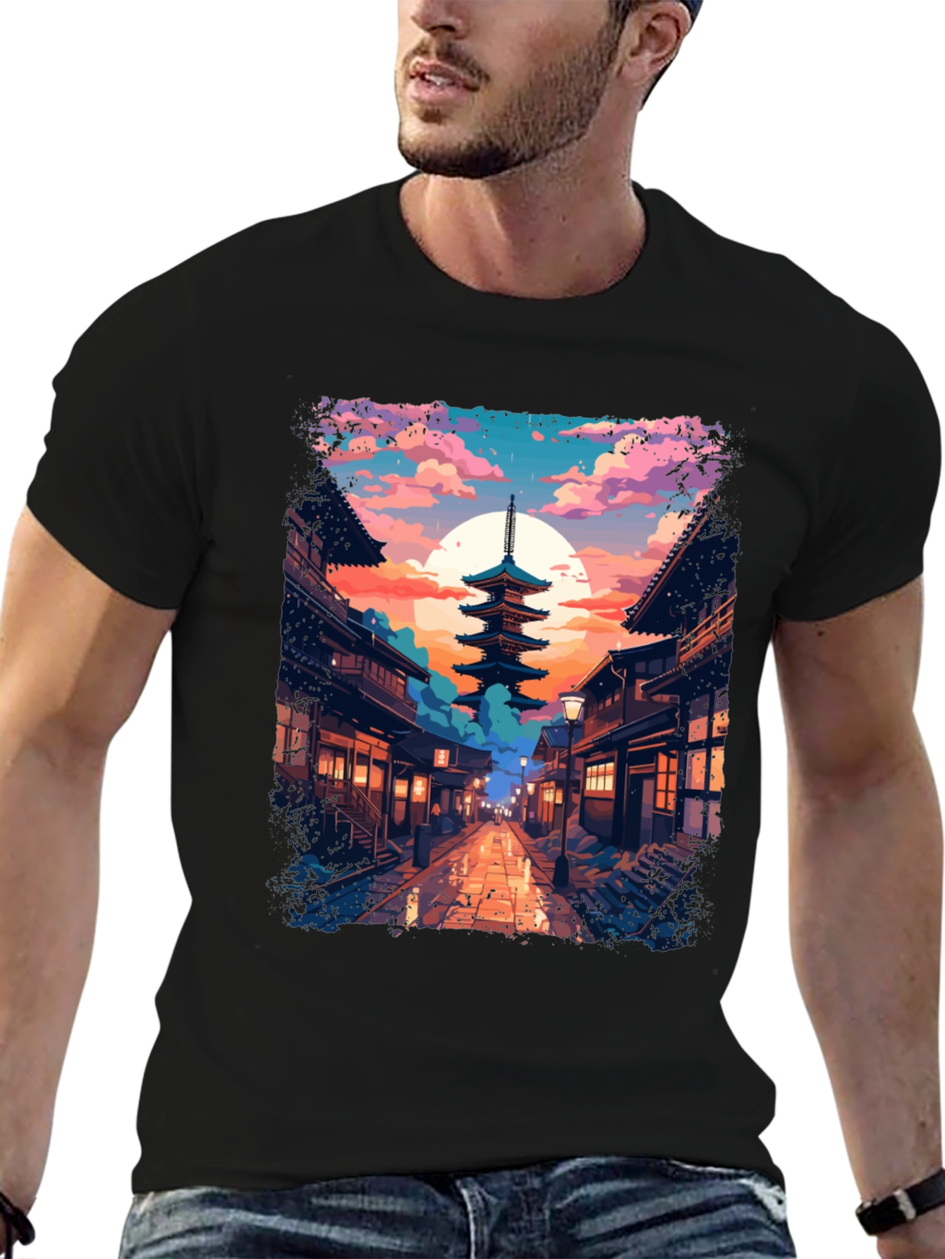 Japanese Pagoda Graphic Tee - Anime Style