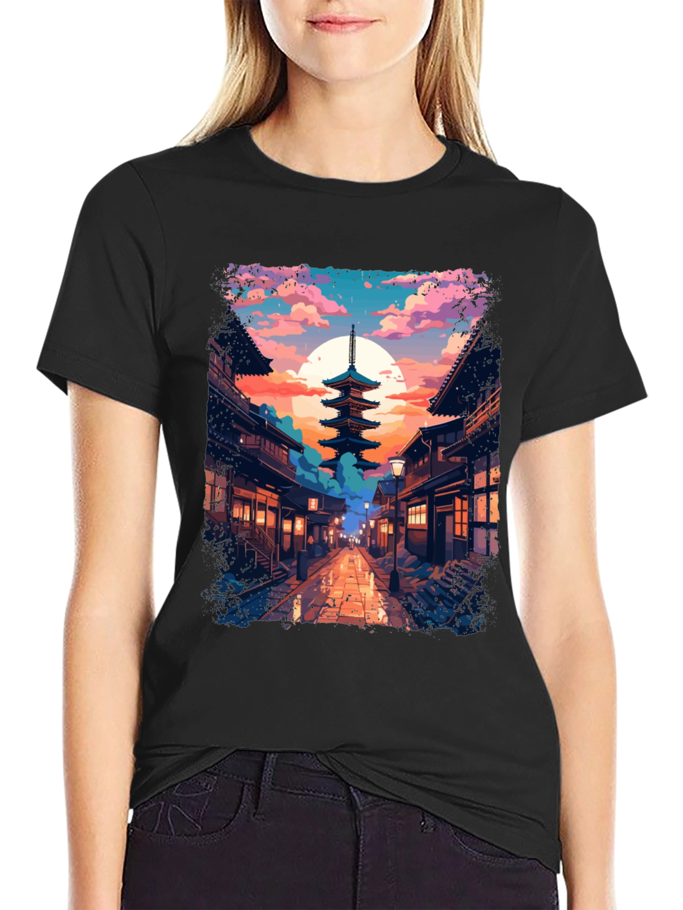 Japanese Pagoda Graphic Tee - Anime Style