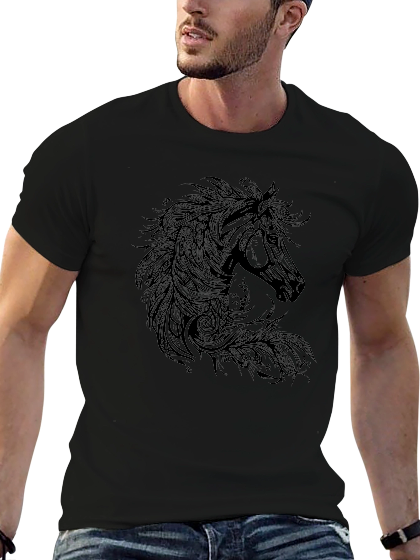 Black T-Shirt with Horse Graphic Print