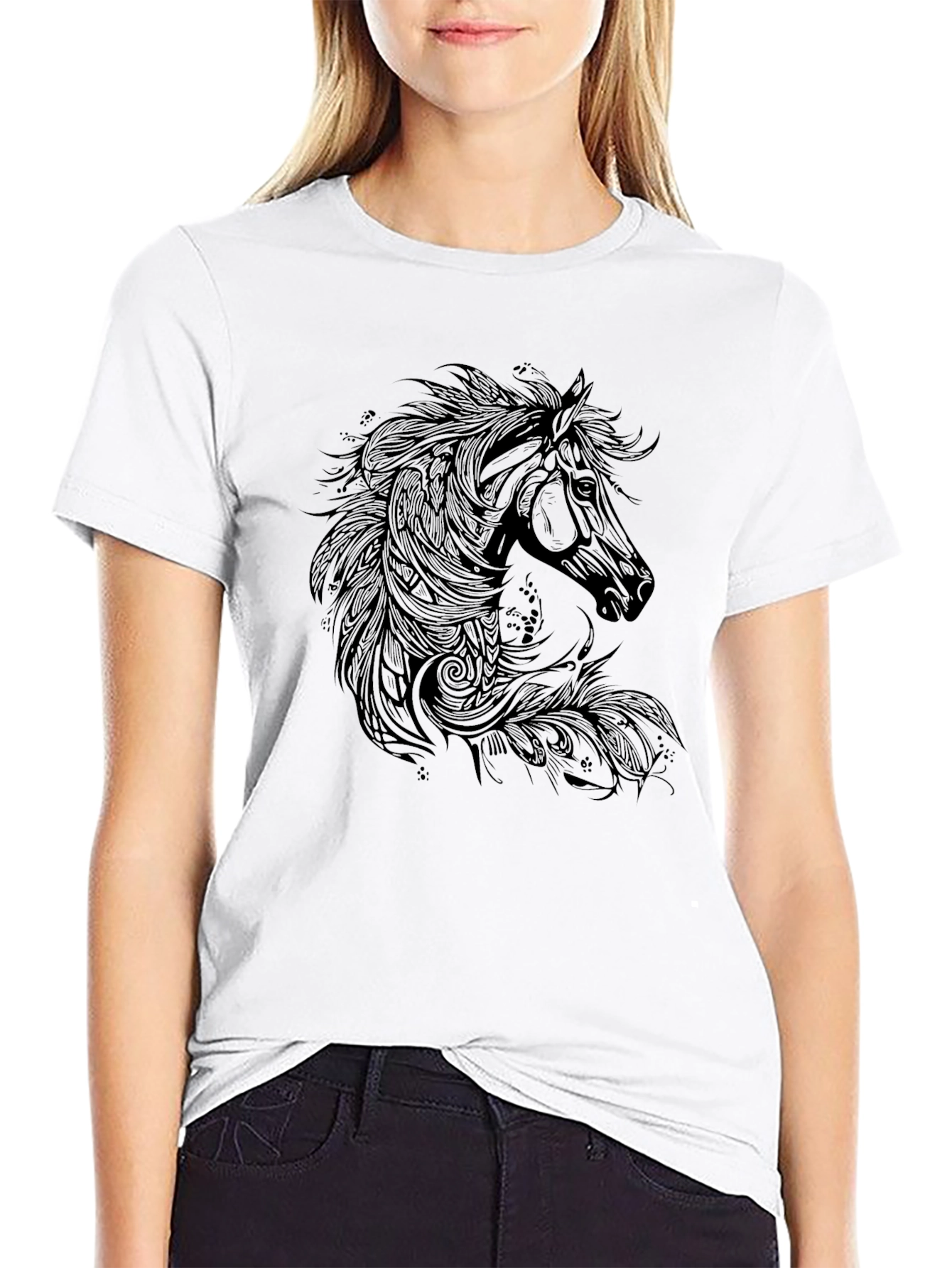 Black T-Shirt with Horse Graphic Print