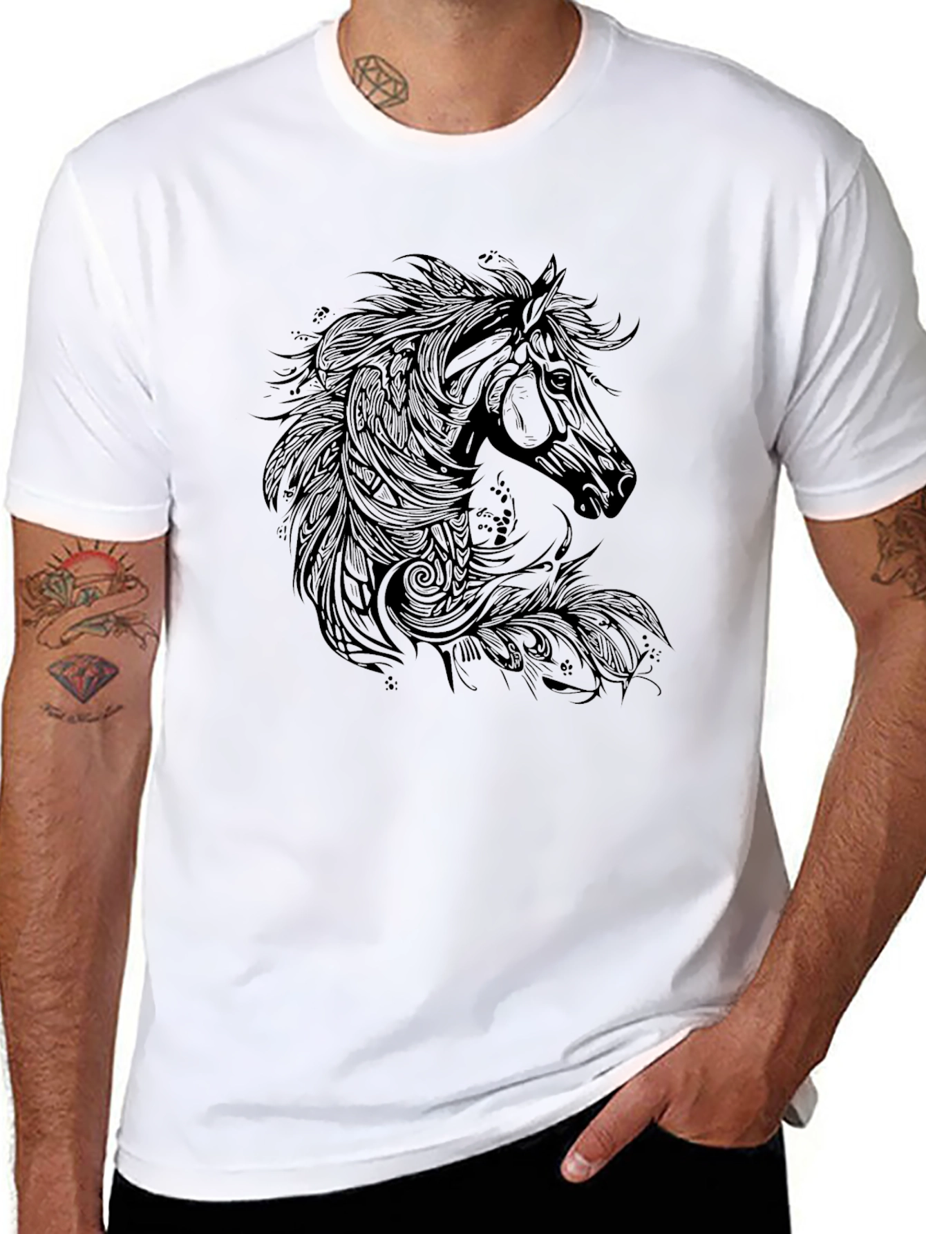 Black T-Shirt with Horse Graphic Print