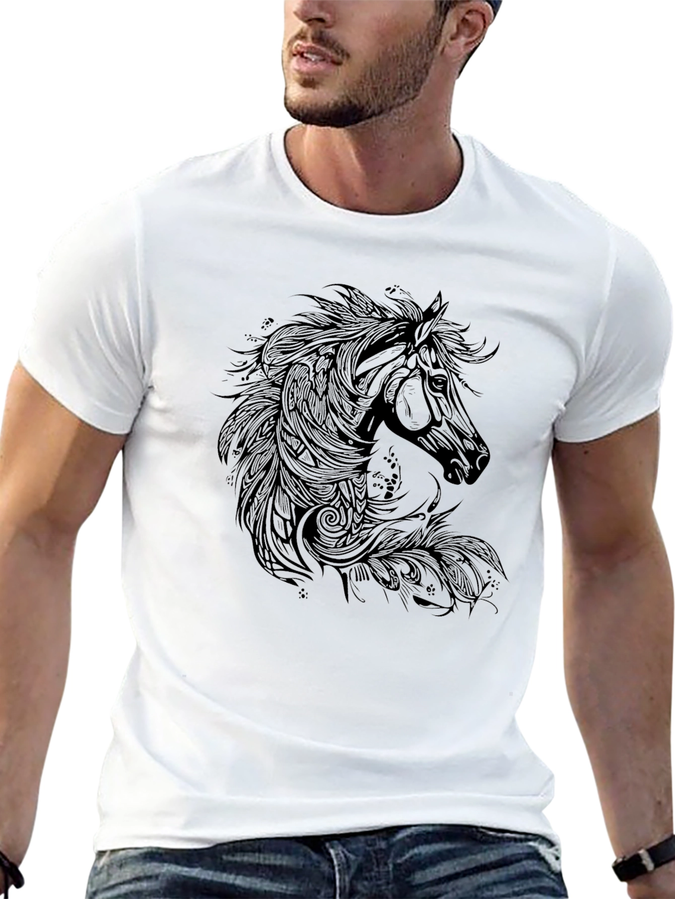 Black T-Shirt with Horse Graphic Print