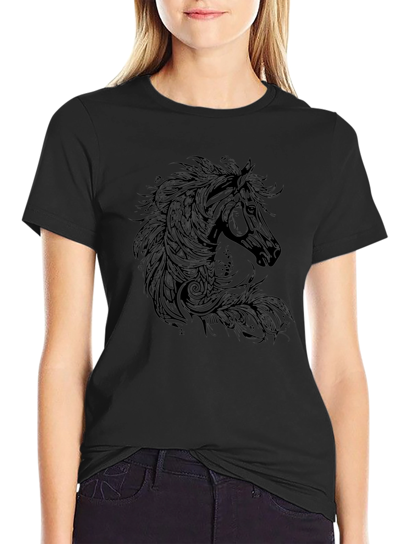 Black T-Shirt with Horse Graphic Print