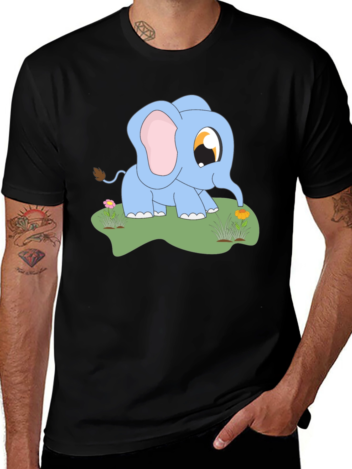 Cute Baby Elephant Graphic Tee - Black Cotton Shirt
