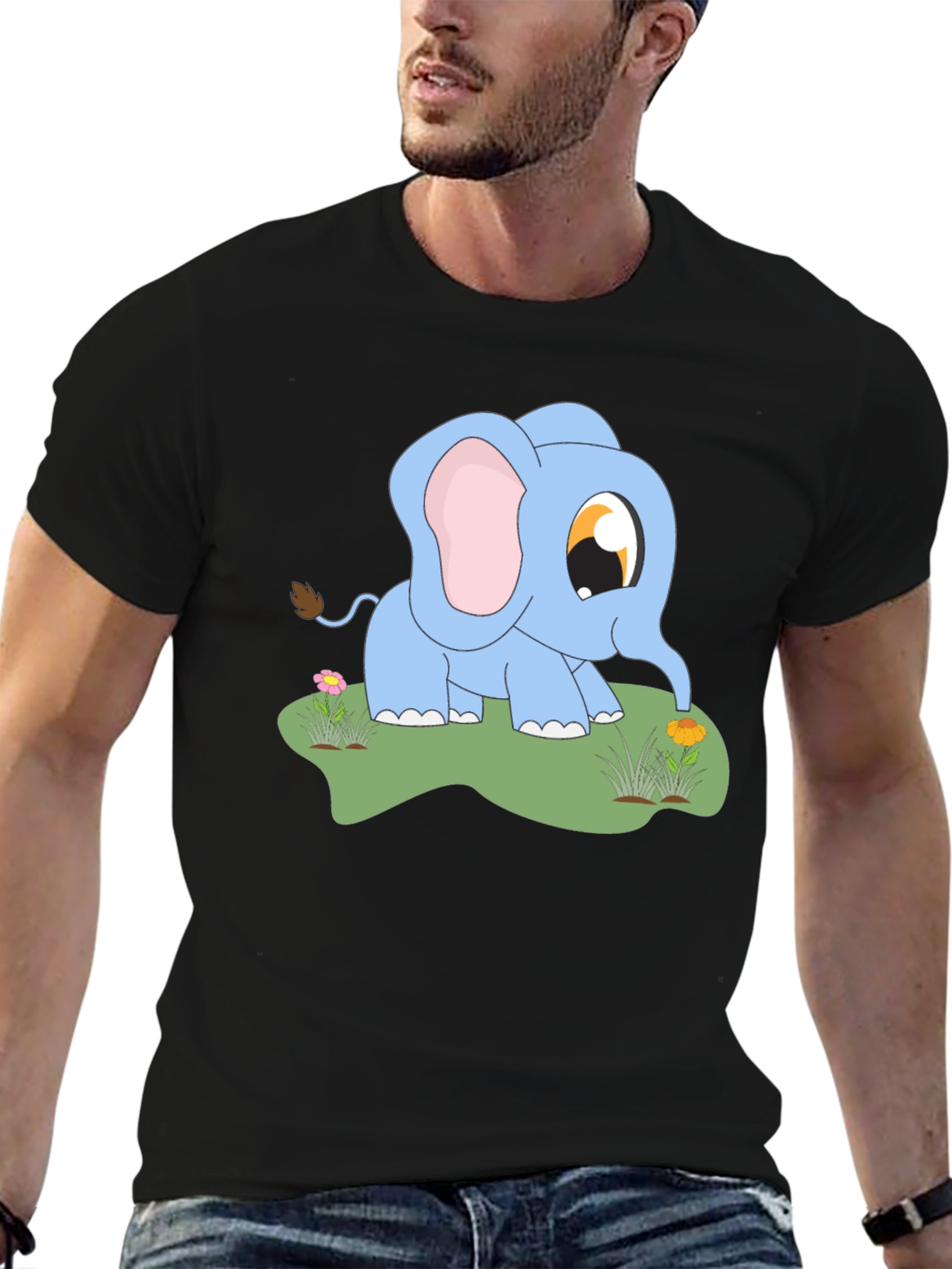 Cute Baby Elephant Graphic Tee - Black Cotton Shirt