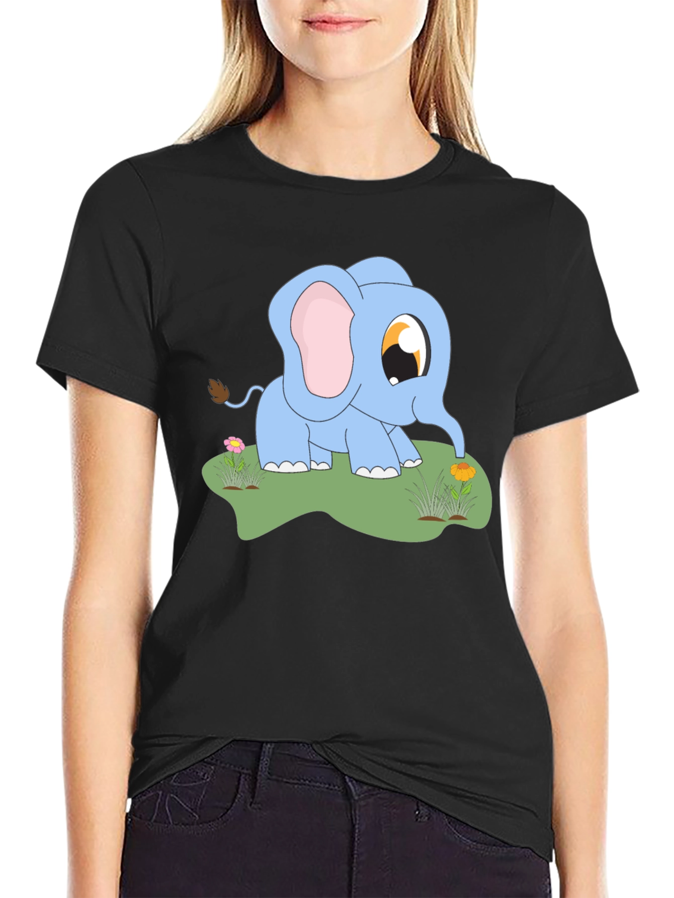 Cute Baby Elephant Graphic Tee - Black Cotton Shirt