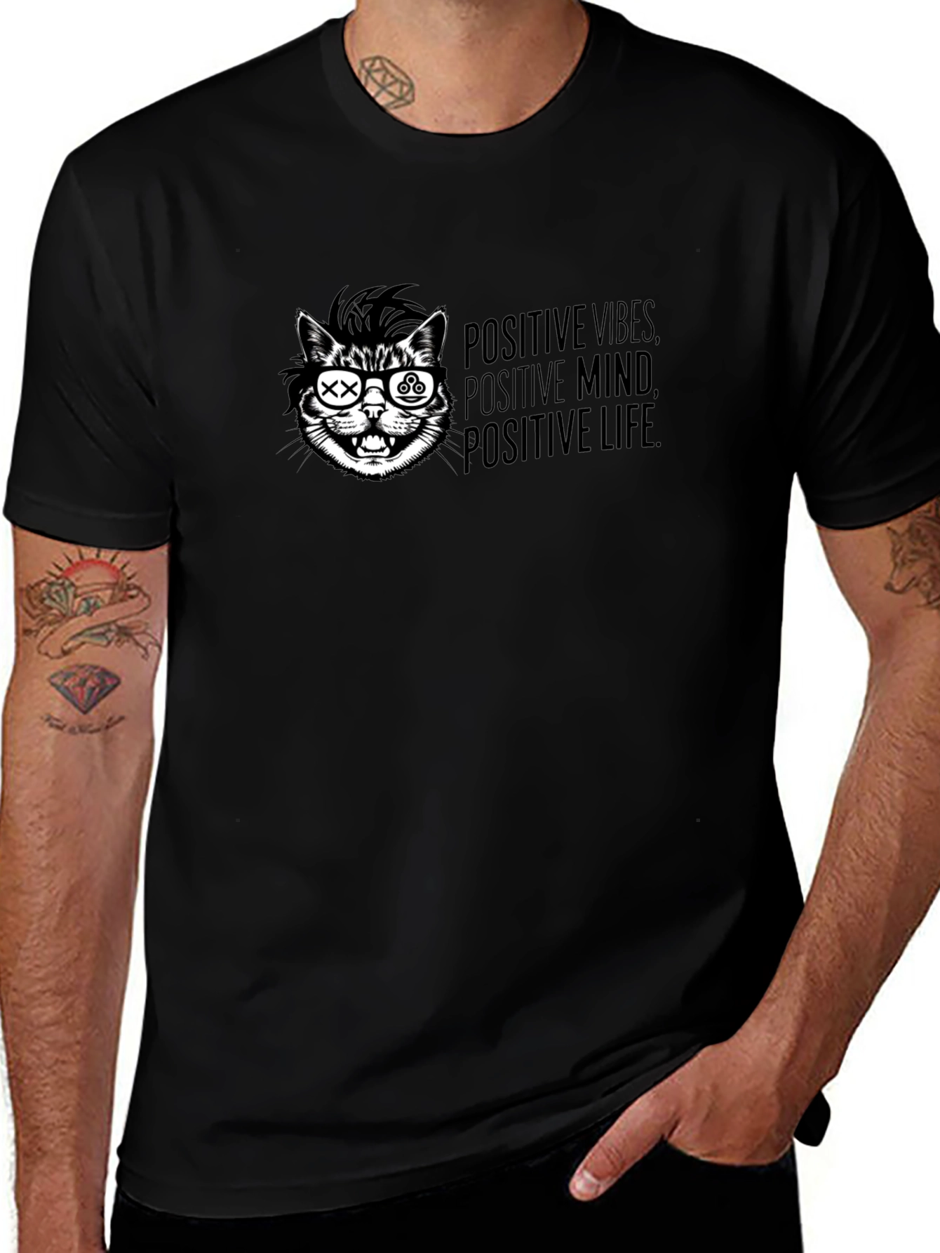 Positive Vibes Cat T-Shirt - Graphic Print Black Tee