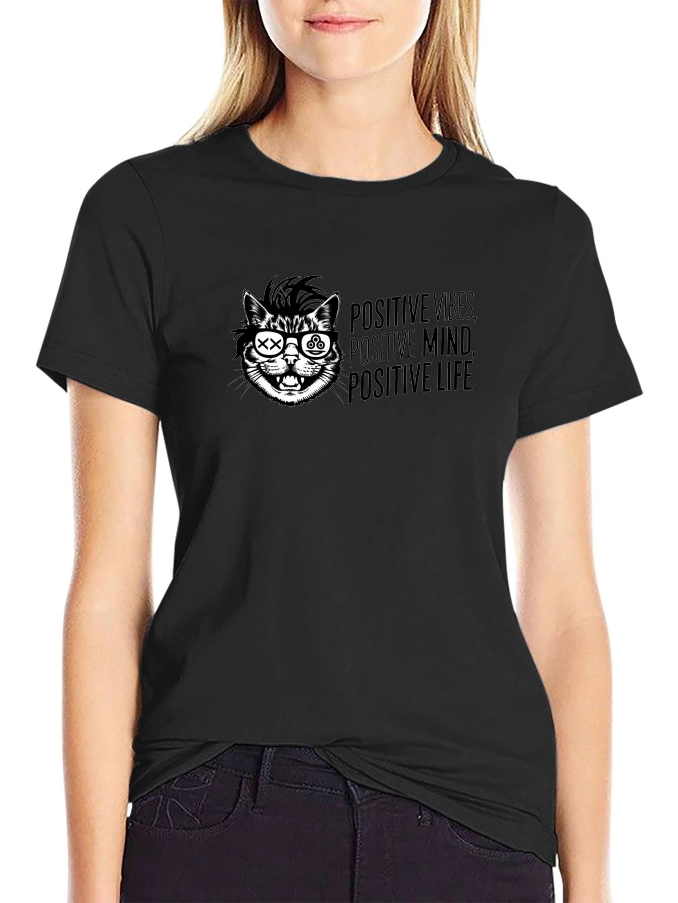 Positive Vibes Cat T-Shirt - Graphic Print Black Tee