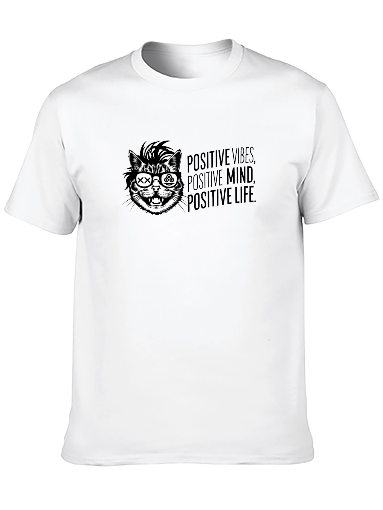 Positive Vibes Cat T-Shirt - Graphic Print Black Tee