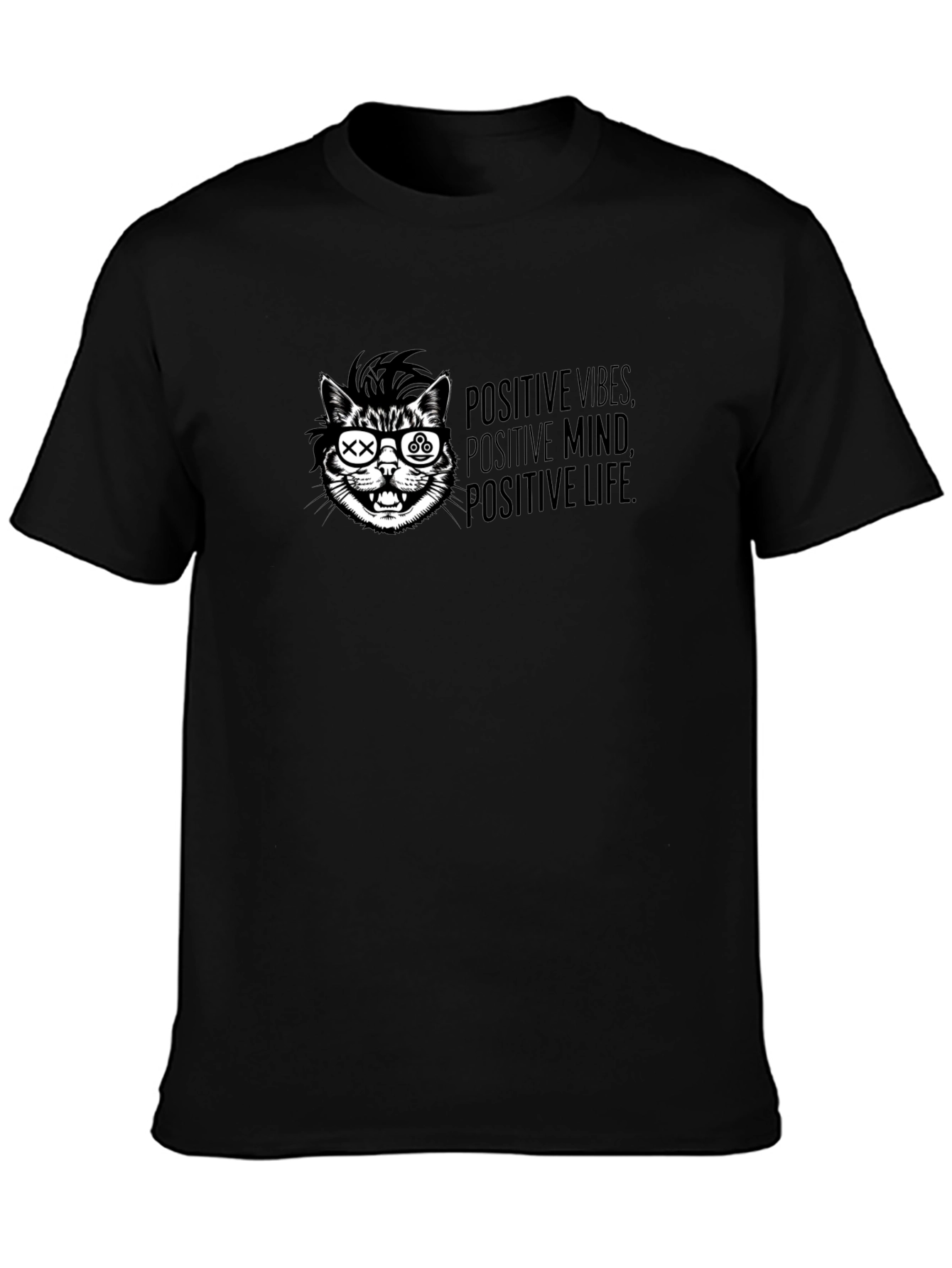 Positive Vibes Cat T-Shirt - Graphic Print Black Tee