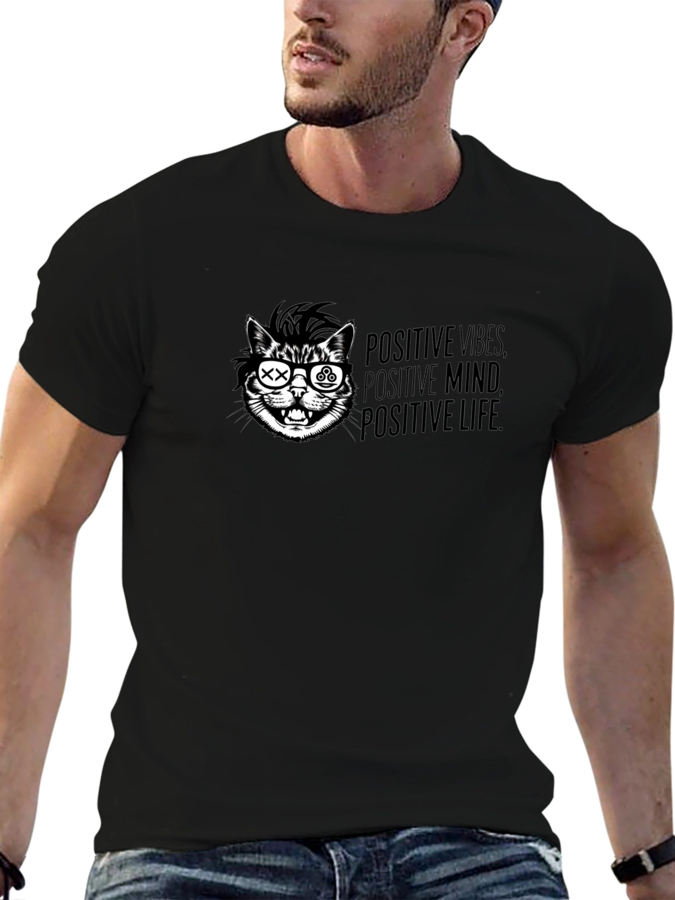Positive Vibes Cat T-Shirt - Graphic Print Black Tee
