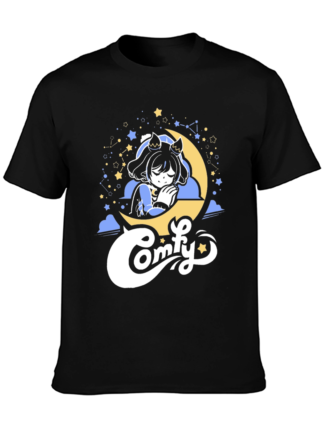 Comfy Moon Napping Anime Girl Black T-Shirt