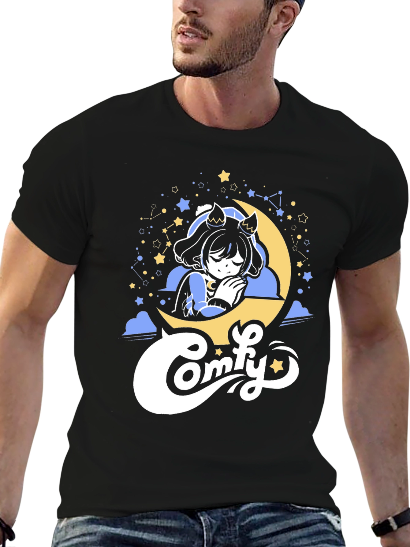 Comfy Moon Napping Anime Girl Black T-Shirt