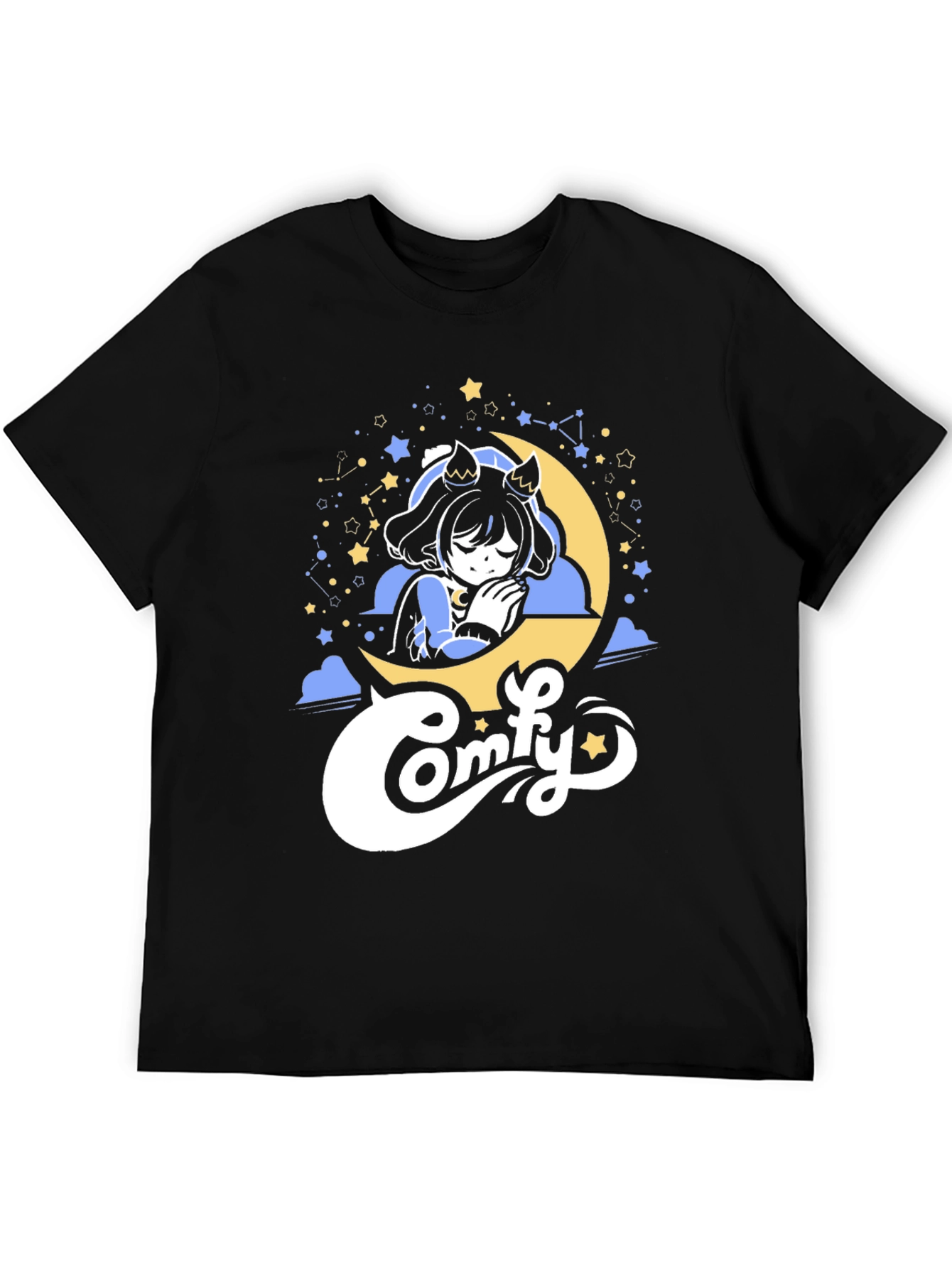 Comfy Moon Napping Anime Girl Black T-Shirt