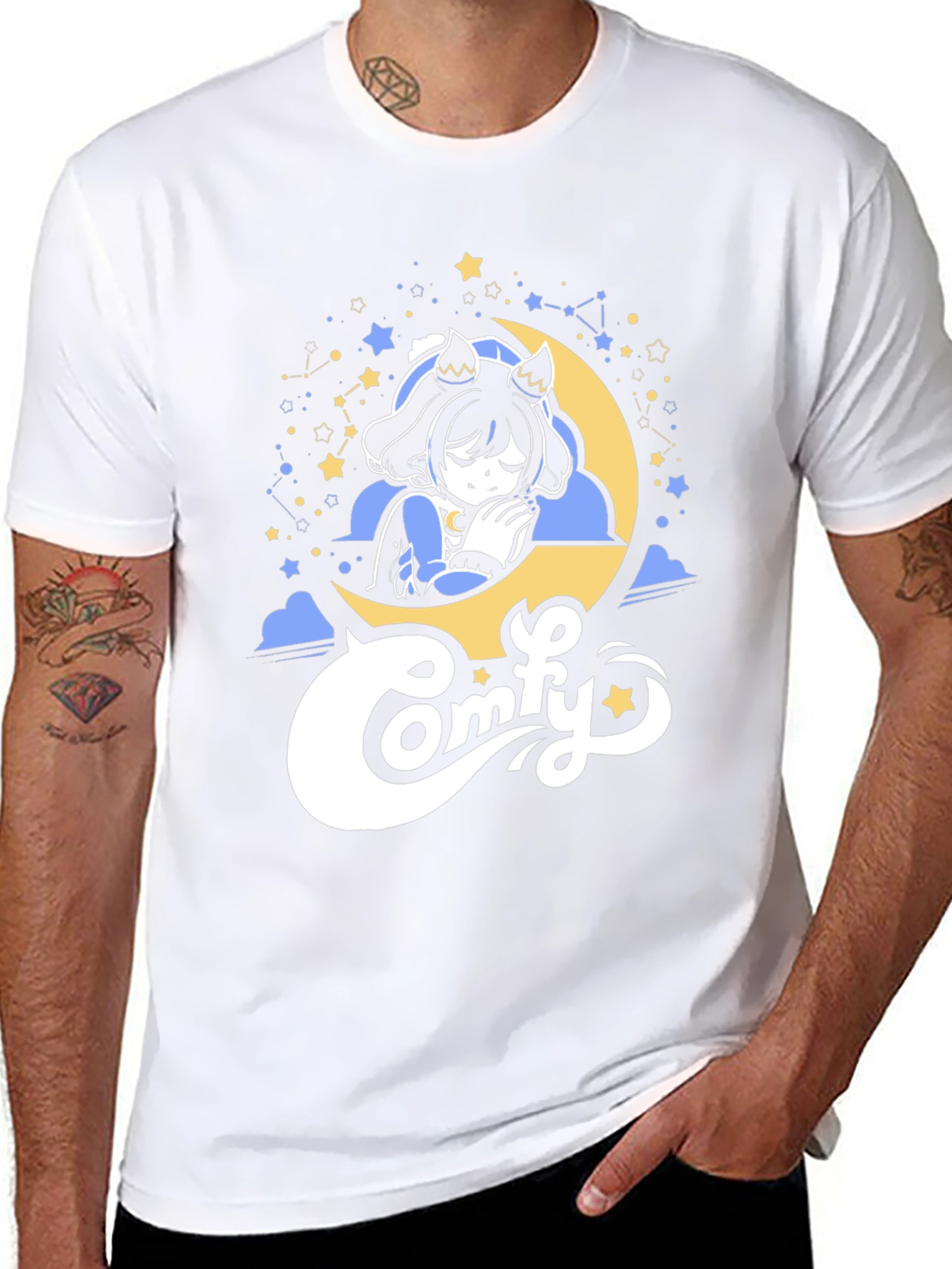 Comfy Moon Napping Anime Girl Black T-Shirt
