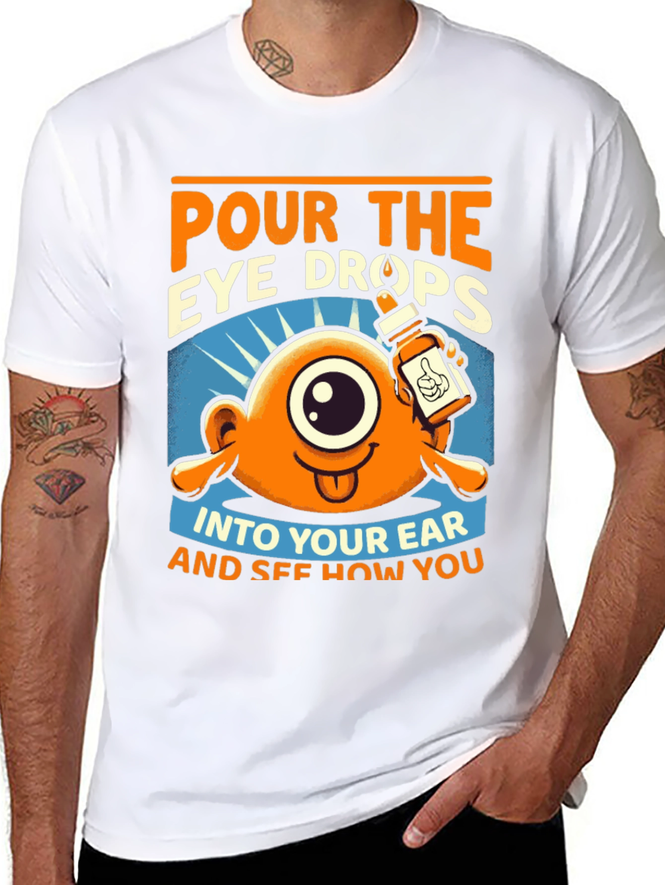 Pour the Eye Drops T-Shirt: Humorous Cartoon Tee