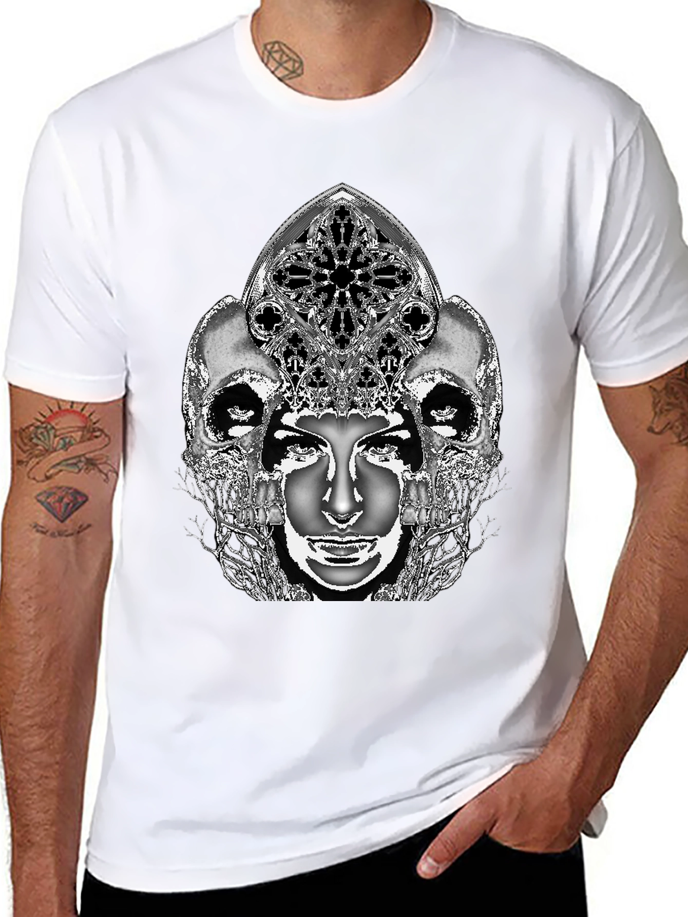 Gothic Skull & Face Graphic Tee - Black