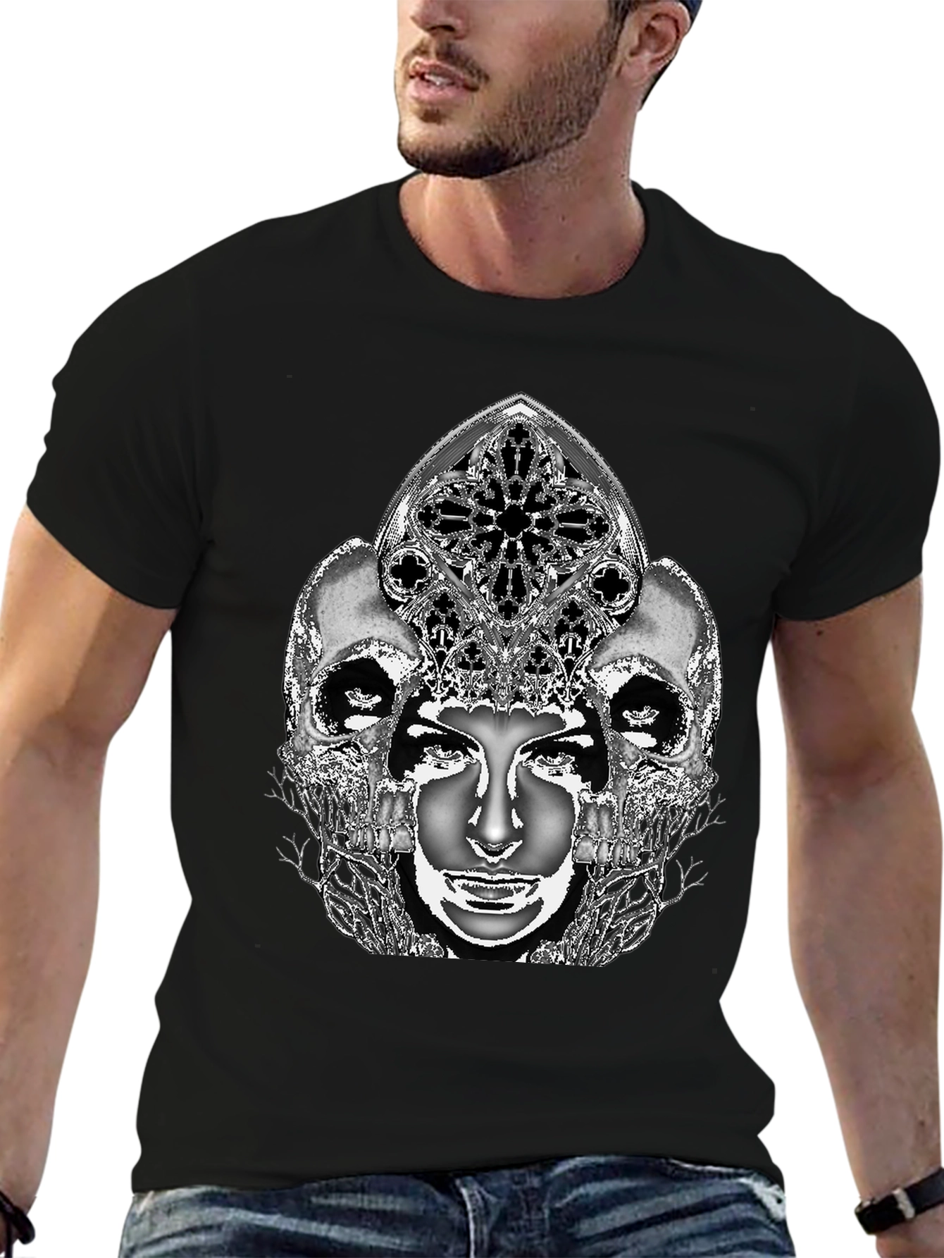 Gothic Skull & Face Graphic Tee - Black