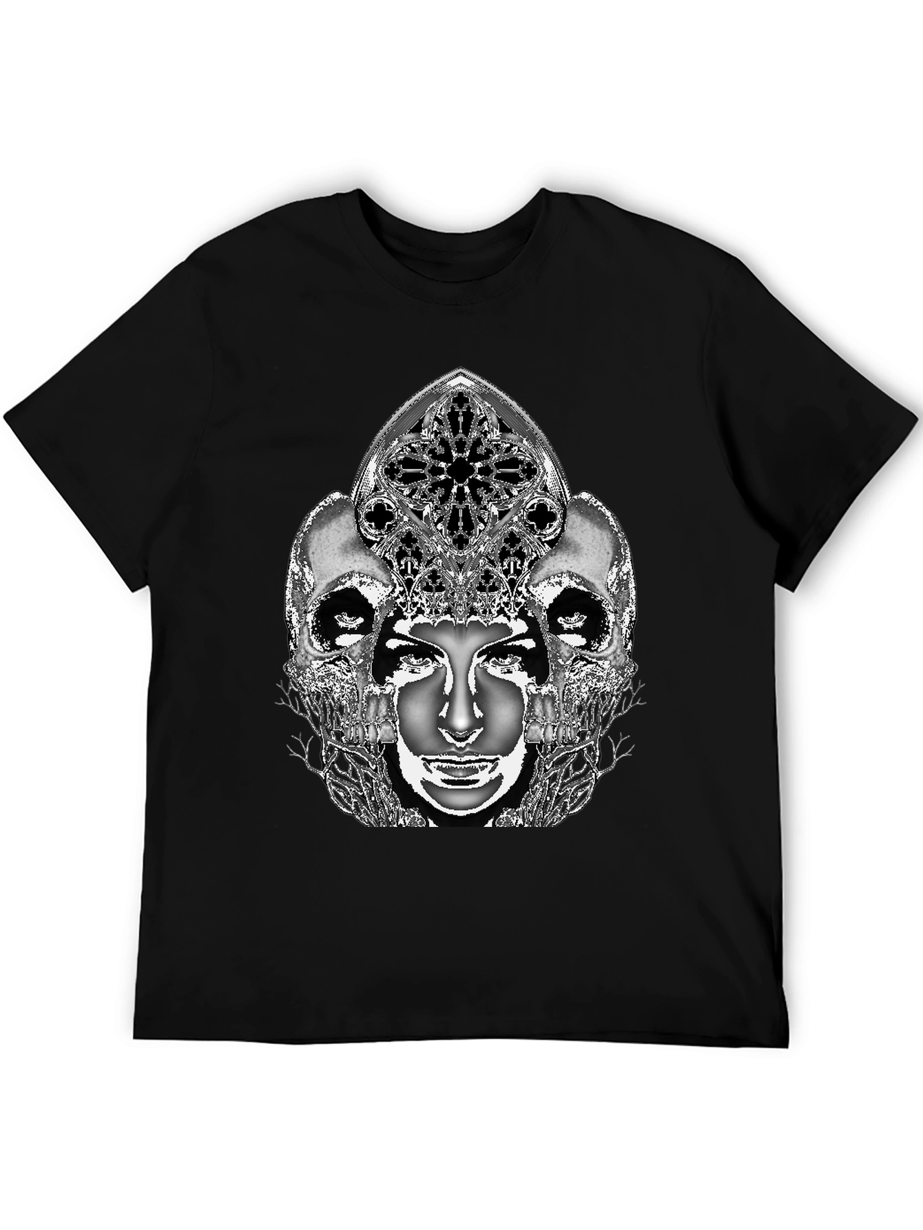 Gothic Skull & Face Graphic Tee - Black