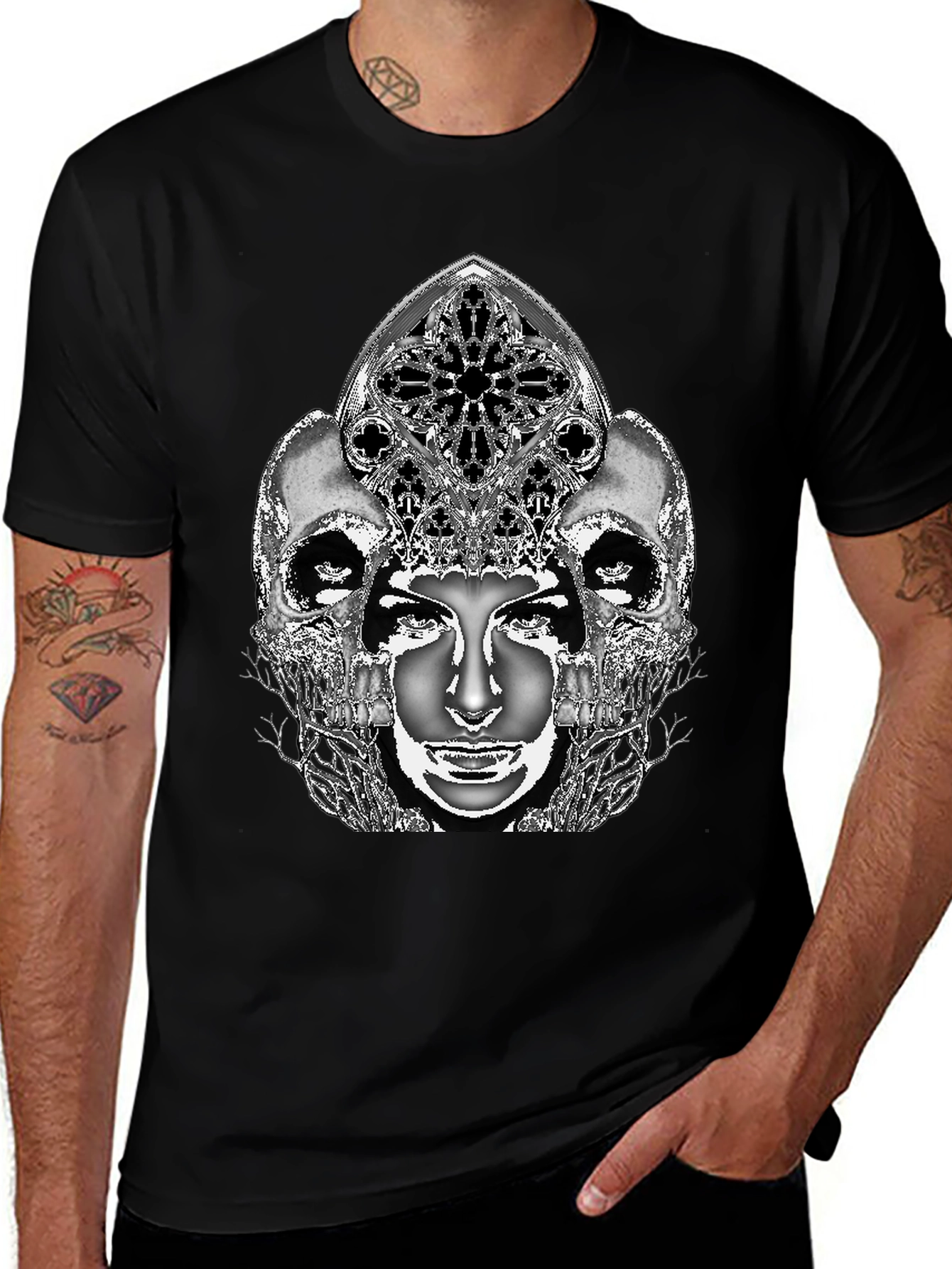 Gothic Skull & Face Graphic Tee - Black