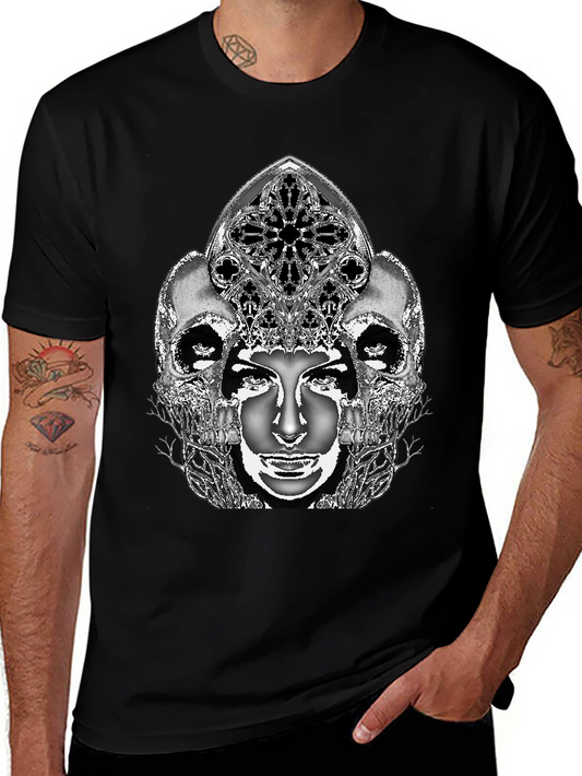 Gothic Skull & Face Graphic Tee - Black