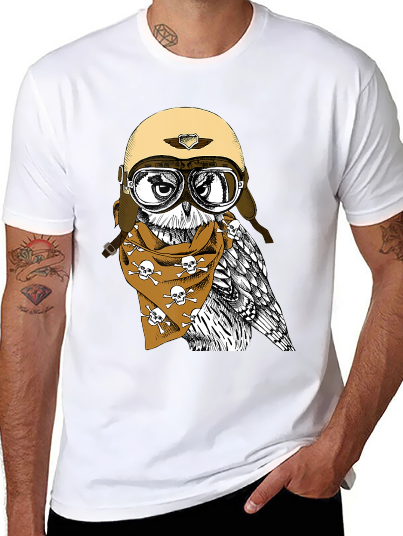 Biker Owl T-Shirt - Skull Bandana