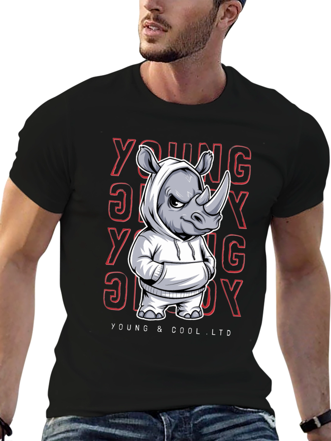 Cool Rhino in Hoodie Graphic T-Shirt