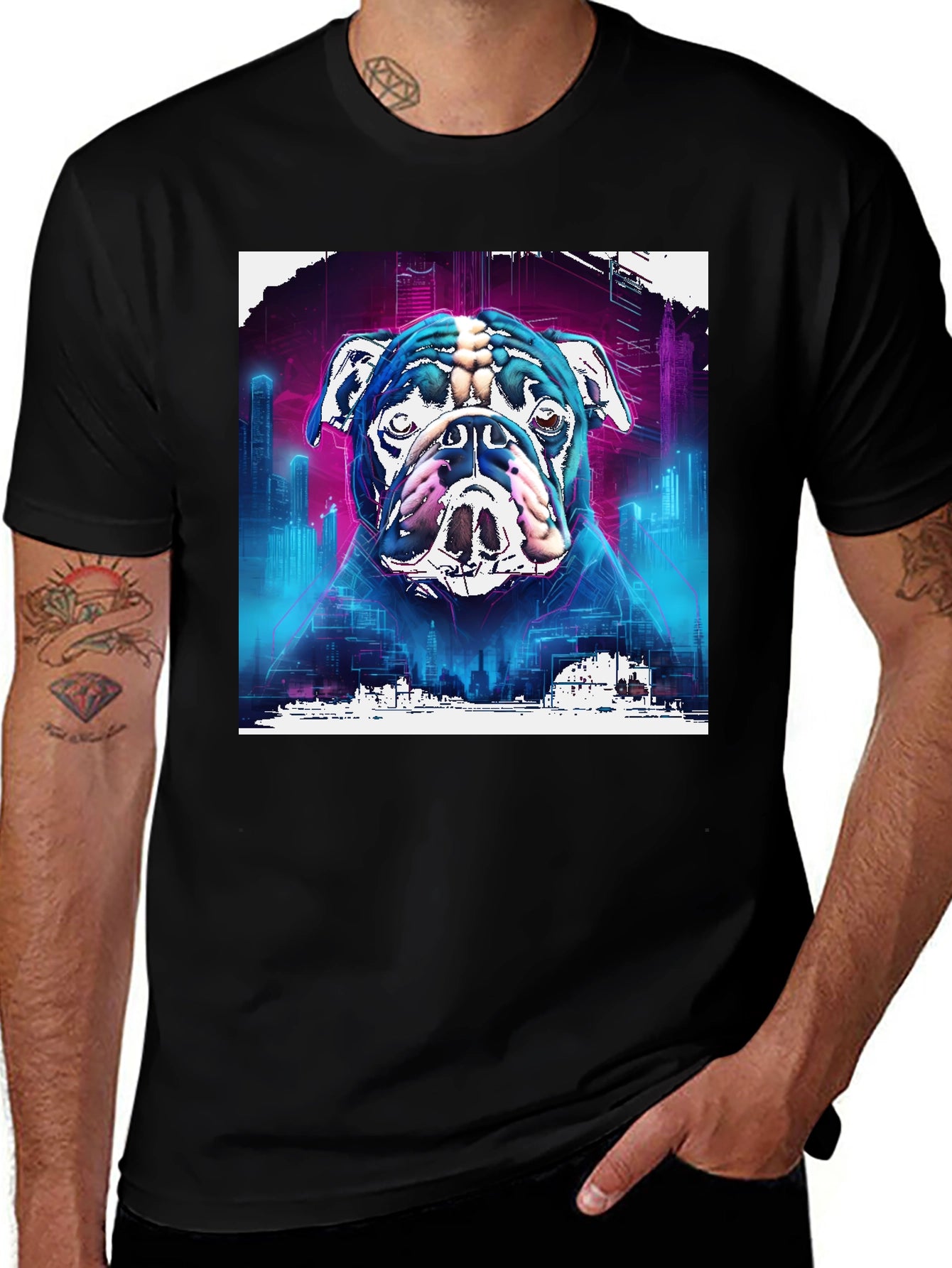 Cyberpunk Bulldog Graphic Tee - Mens Black T-Shirt