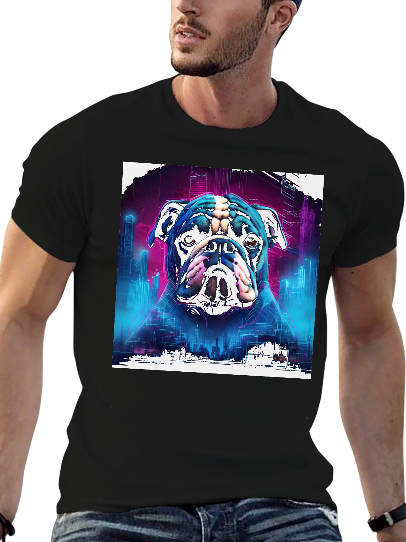 Cyberpunk Bulldog Graphic Tee - Mens Black T-Shirt